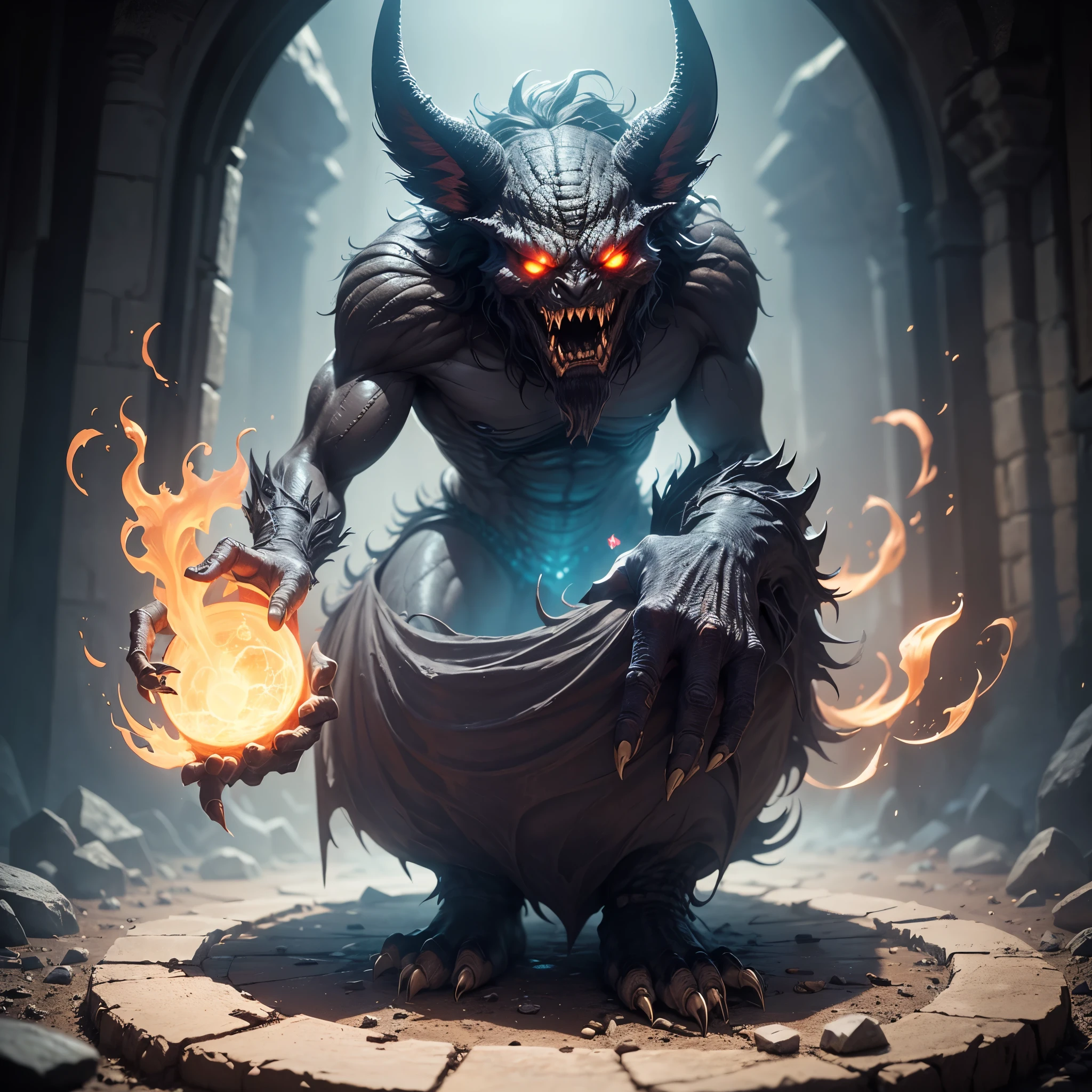(best quality:1.2,ultra-detailed,realistic:1.37),monster,behemoth,demonic presence,magic,levitating cookbook,central eye, enormous eye,sinister,cauldron,fire,adventurers,caged,Dungeons&Dragons,menacing,shadowy,restrained,magical aura,creepy atmosphere,ominous,spellbound,mystical,enchanted,spell-casting,monstrous,dark fantasy,dimly lit,struggling,wizardry,unearthly,hovering,menacing presence,enchanting recipe,sorcery,spells,conjured,terrifying magics,runic symbols,mythical,mysterious,unleashing power