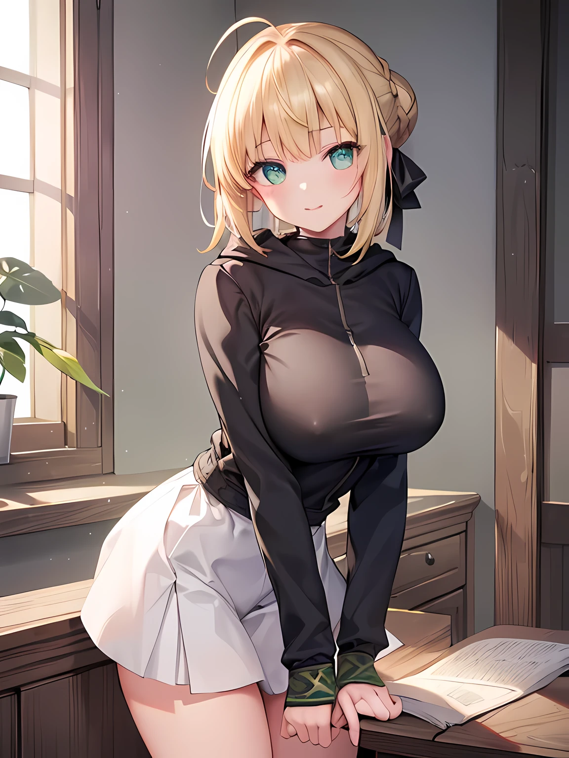 masterpiece,highest quality,(Super detailed),masterpiece,written boundary depth,perfect sentence, Detailed CG,Super detailed,(highly detailed eyes,very cute face,highly detailed face:1.3),beautiful anime girl,(solo girl:1.5),(super huge breasts:1.3),break,(smile full of joy),open your mouth,View viewer,break,ahoge, braid, hair ribbon, armored dress, ribbon, gauntlets,blonde,short hair,Ahoge, Braid, bun hair, hair ribbon,green eyes,(Black hooded hoodie,Open outerwear,casual shirt),long sleeve,denim shorts,