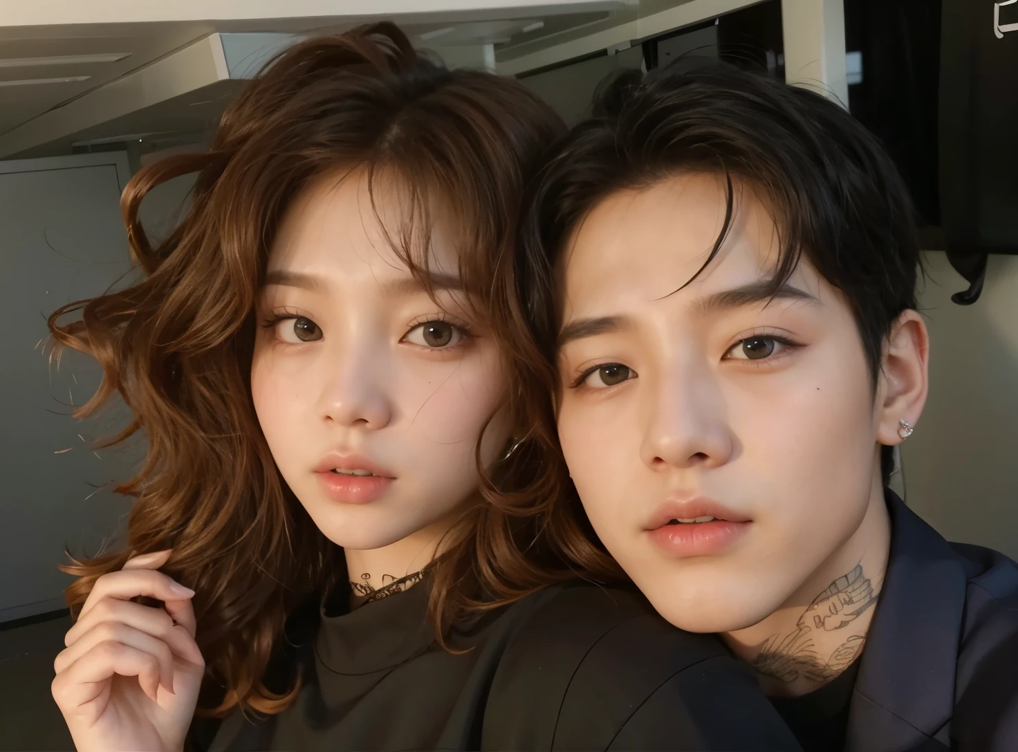 a beautiful young woman and a handsome young man, kpop idols, Chungha, elegant and stylish, detailed facial features, intense eye contact, warm lighting, dynamic poses, professional studio, high fashion, cinematic, dreamlike, vibrant colors, intricate textures, (best quality,8k,photorealistic:1.4), (masterpiece:1.2),extremely detailed,hyper realistic,ultra-detailed,sharp focus,3d,physically-based rendering,studio lighting,cinematic lighting,dramatic shadows,glamorous,elegant,beautiful,striking