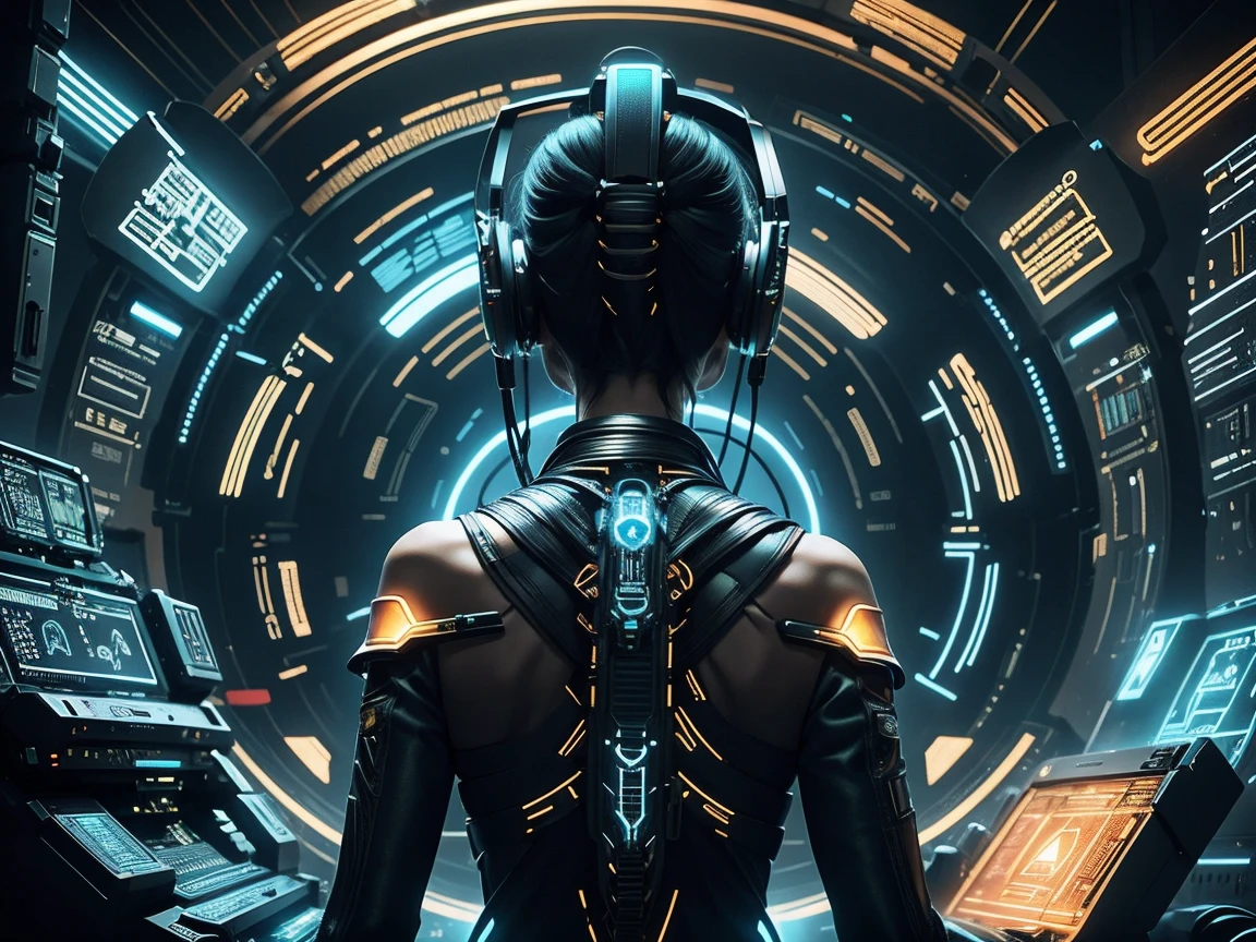 distant universe、hyper network、giant mother computer、face shape machine、wires strung out、Glowing Machine Eyes、Back view of a woman standing、ray gun