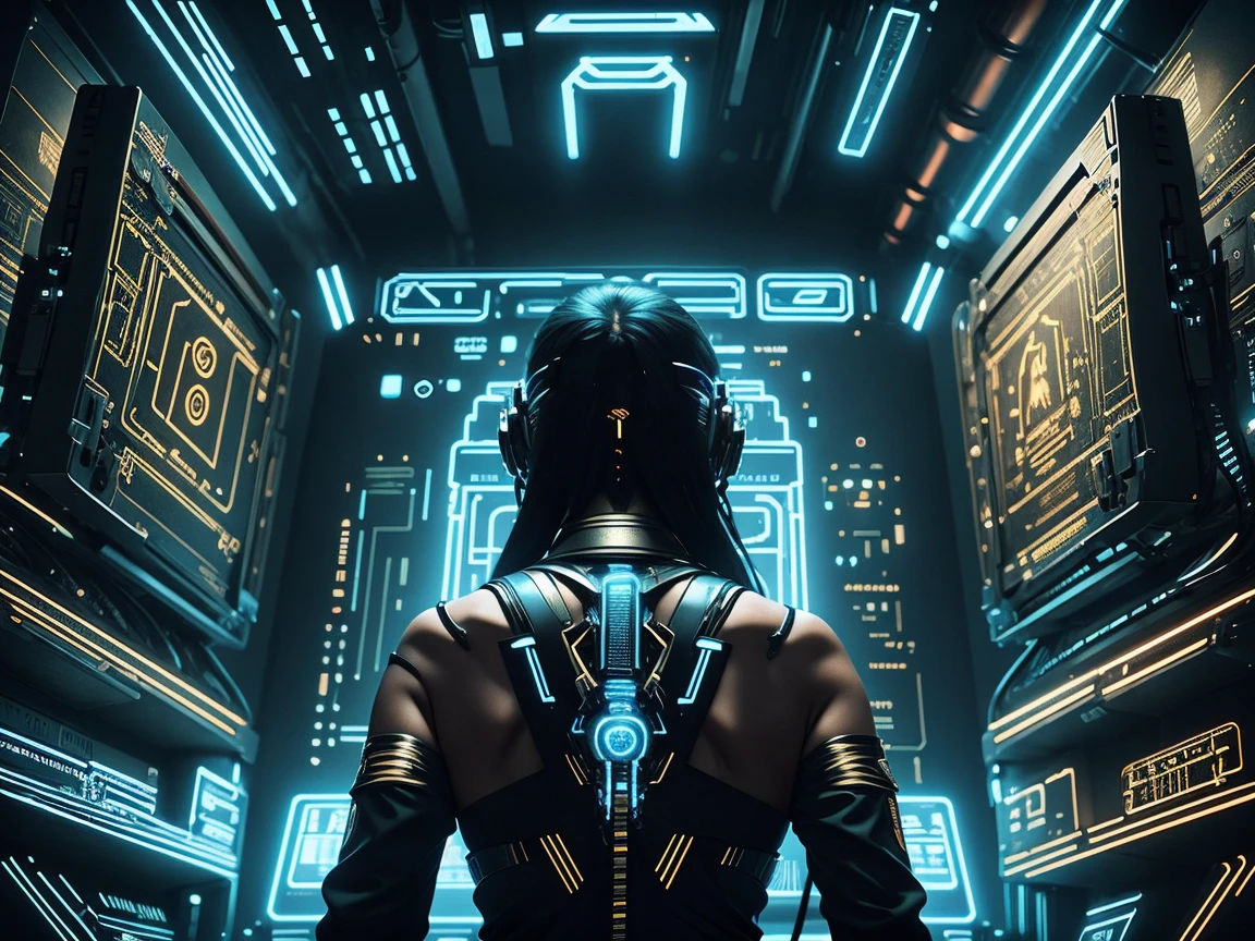 distant universe、hyper network、giant mother computer、face shape machine、wires strung out、Glowing Machine Eyes、Back view of a woman standing、ray gun