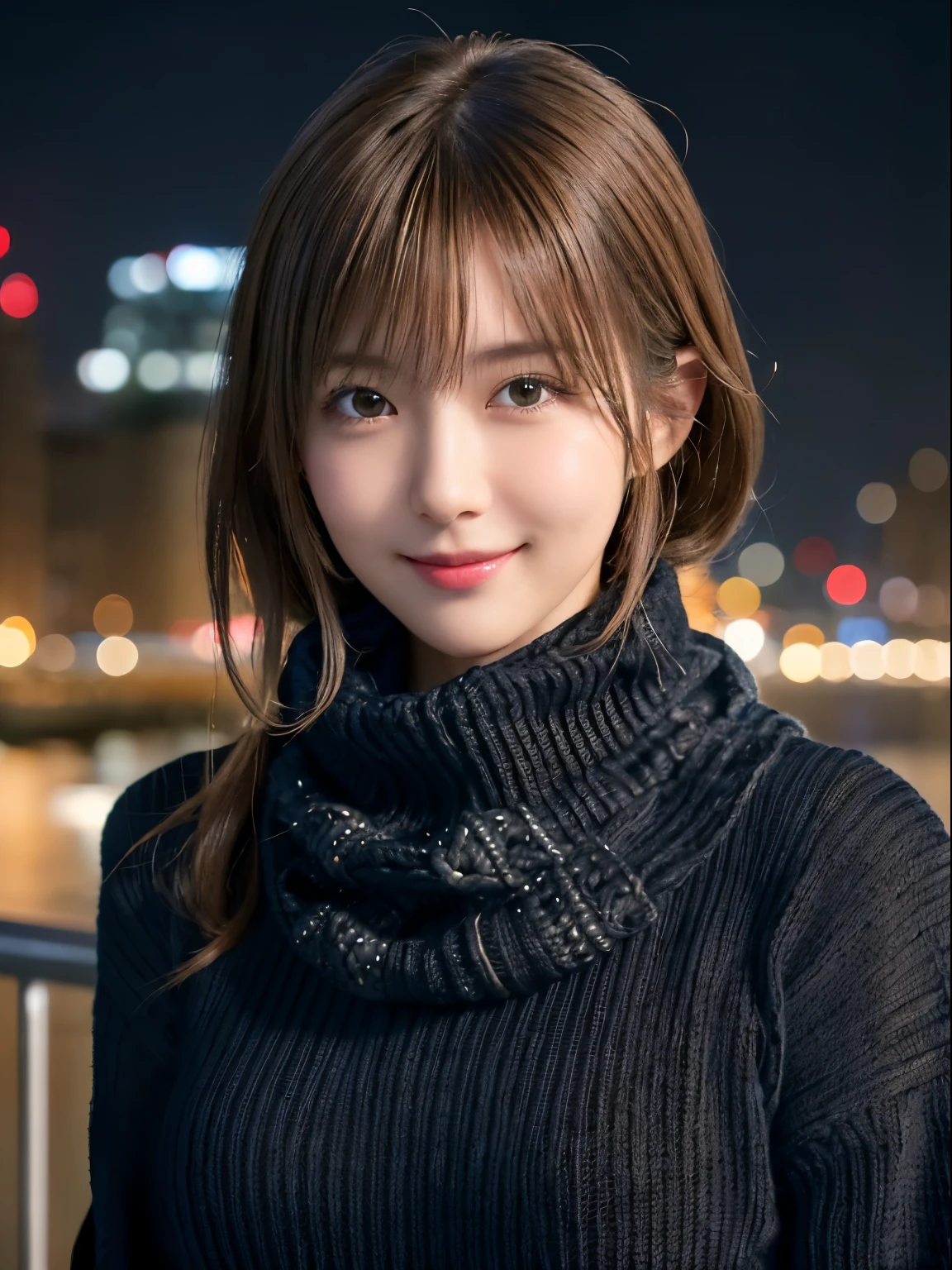 1 Japanese girl,(black sweater:1.4),(She wears a knitted snood around her neck to hide her chin...:1.5), (Raw photo, highest quality), (realistic, Photoreal:1.4), table top, very delicate and beautiful, very detailed, 8k wallpaper, wonderful, finely, very detailed CG Unity, High resolution, soft light, Beautiful detailed 19 year old, very detailed目と顔, beautifully detailed nose, finelyて美しい目,cinematic lighting,night city lights,perfect anatomy,slender body,smile (hair is dirty, asymmetrical bangs, light brown hair,)