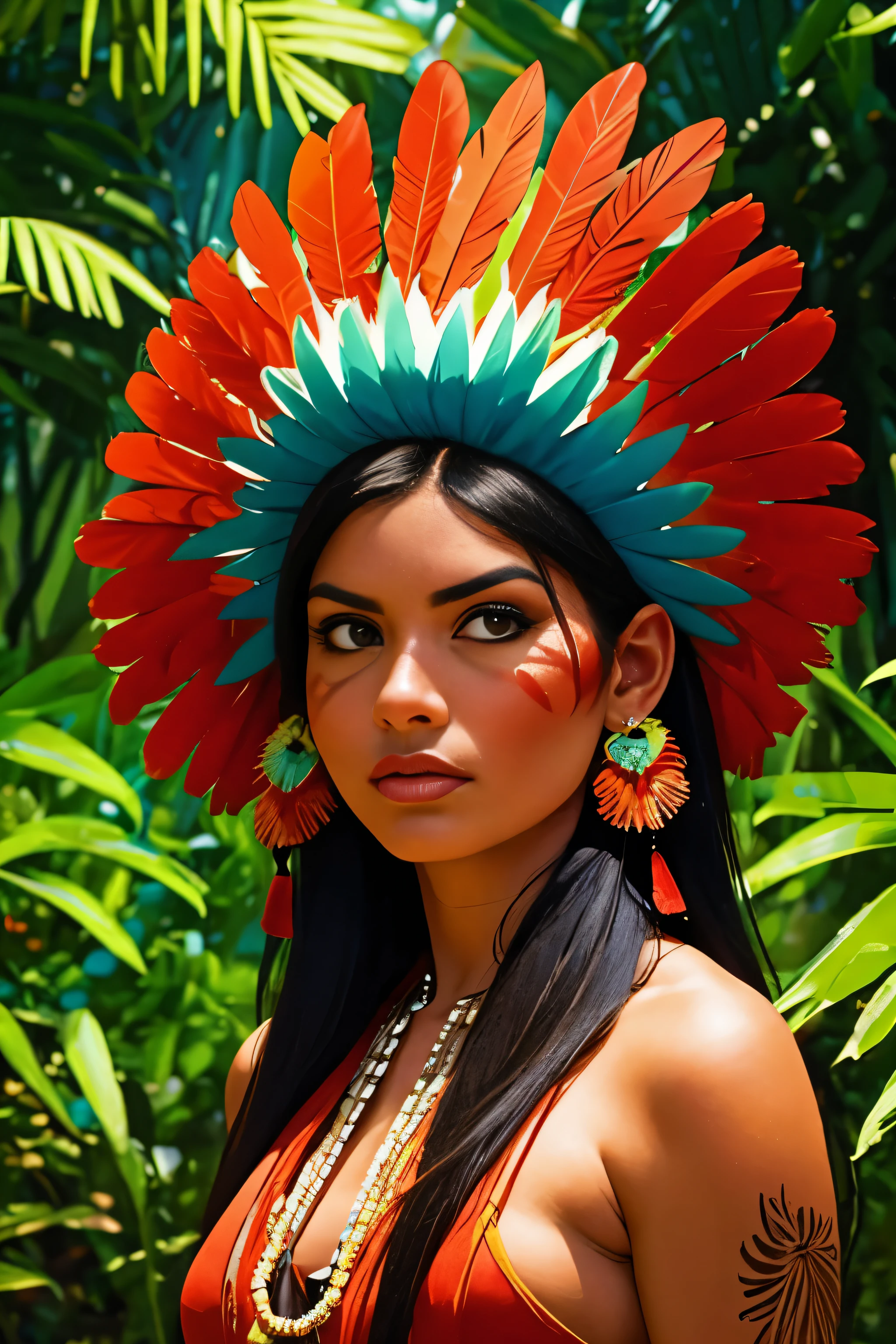 SFW. ((RAW photo, Best quality)), (Realistic, photo-realistic:1.2). A beautiful indigenous girl in native dress with feathers and feathers on her HEAD, Blue and red green macaw FEATHERS, on river. amazon indian peoples in brazil, beautiful young female brazilian Native girl, Hot body, body in good shape, very detailed face, Yanomami Indian in typical costumes,High quality. Amazonia forest Background. Cinematic lighting. 