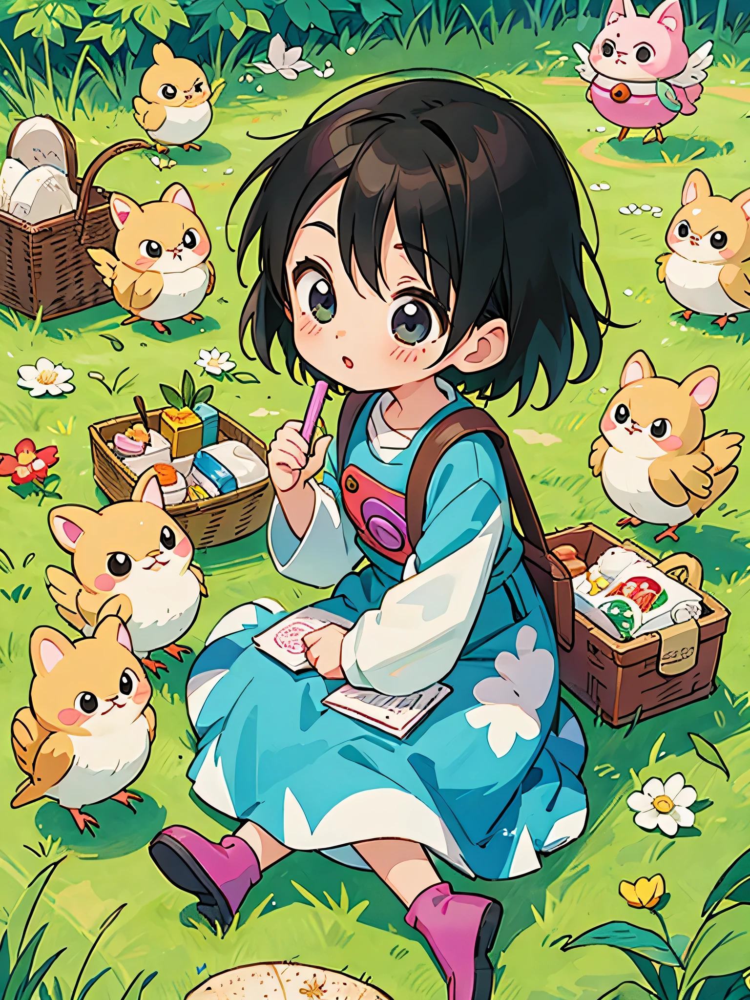 akira toriyama style, Kawaii Design, most beautiful girl ever、Chibi, beautiful spring afternoon、birdie、picnic