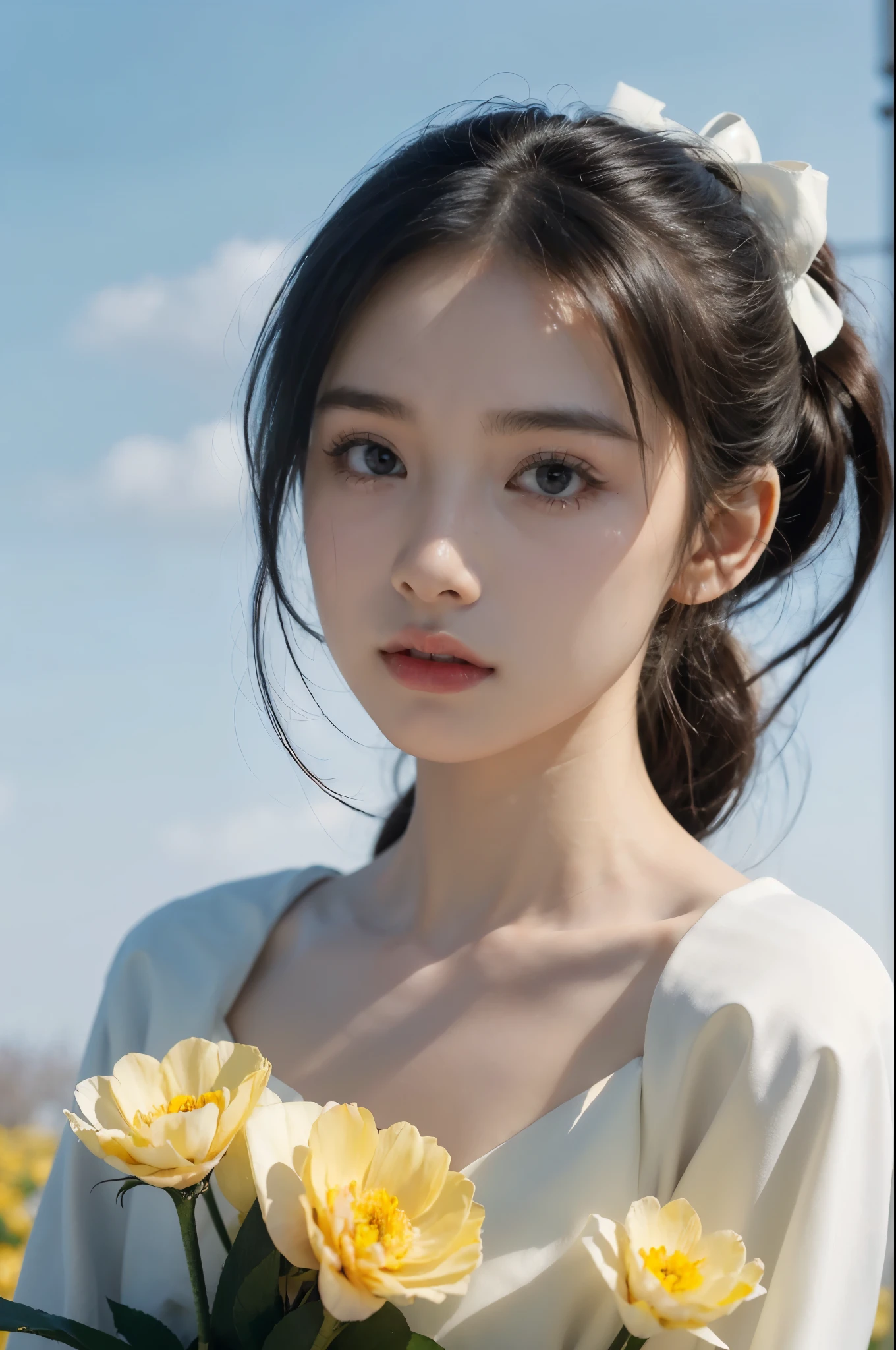 ((((8k))),((Extremely meticulous CG)) ,(wallpaper),16k,((Extremely refined and beautiful)),(((Masterpiece))),(((best qualtiy))),(((Ultra High Resolution))),beautiful light up,Perfect lightning,realistic shaded,((high resolution)),(Smooth and flawless skin:1.5),(Extremely exquisite facial details:1.2),(perfect body:1.2),(ultra-detailed),((A beautiful girl,solo)),(small head:1.2),(pale skin:1.3),(short ponytail:1.2),(small face:1.2),(baby face:1.3),(Exquisite makeup:1.2),(small breasts:1.2),(flat chests:1.2),((slim,thin)),(Sad:1.3), (solemn:1.2),(Crying:1.3),(tears:1.3),(black collared coat:1.5),Outdoor,(in a vast square:1.5),(detailed background:1.5),(Holding yellow and white flowers in arms:1.2),(dark cloudy day:1.3),Portrait,(upper body:1.3),(from front:1.2),(Bow head down:1.5),(Devout silence:1.2),(early spring:1.2)
