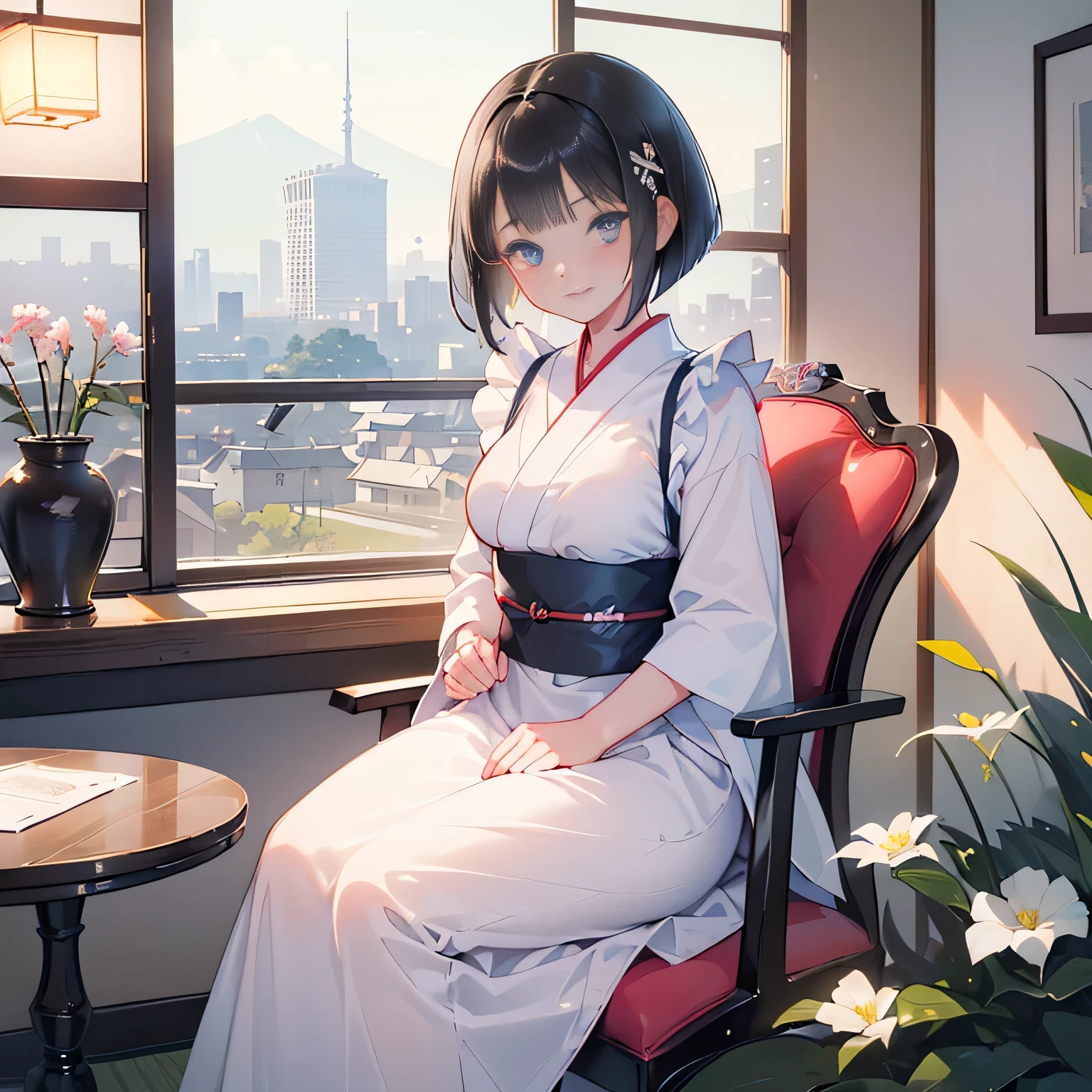 ((1girl,cute,japanese,young,short beautiful black hair,bob cut,beautiful blue eyes)),(solo),(sexy cute maid costume),((masterpiece, highest resolution,best quality)), (beautiful illustration), (looking at the viewer), innocent smile,beautiful modern maid cafe,big city,table,chair,window,flowers,
