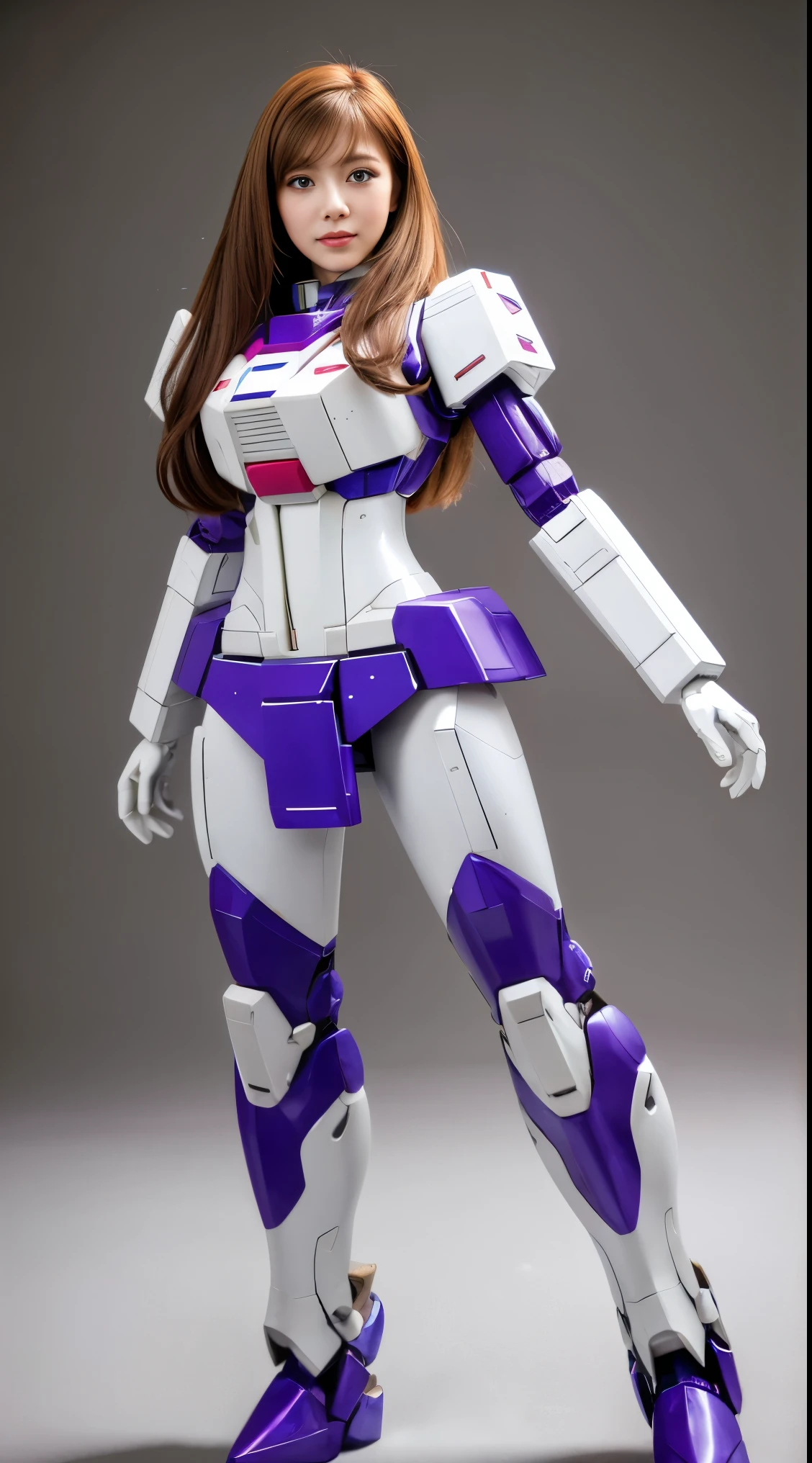 RAW, Masterpiece, Ultra Fine Photo,, Best Quality, Ultra High Resolution, Photorealistic, Sunlight, Full Body Portrait, Stunningly Beautiful,, Dynamic Poses, Delicate Face, Vibrant Eyes, (Side View) a close up of a woman in a pink and white gundam custume, dybamic pose, long brown very very long hair rapunzel, girl in mecha cyber armor, portrait armored astronaut girl, d. va from overwatch, female mecha, on a gundam, gundam head, chiho aoshima color scheme, mobile suit, streamlined purple armor, fully robotic!! girl, realistic cosplay, gundam armor (dynamic pose) (best cameraview), full body