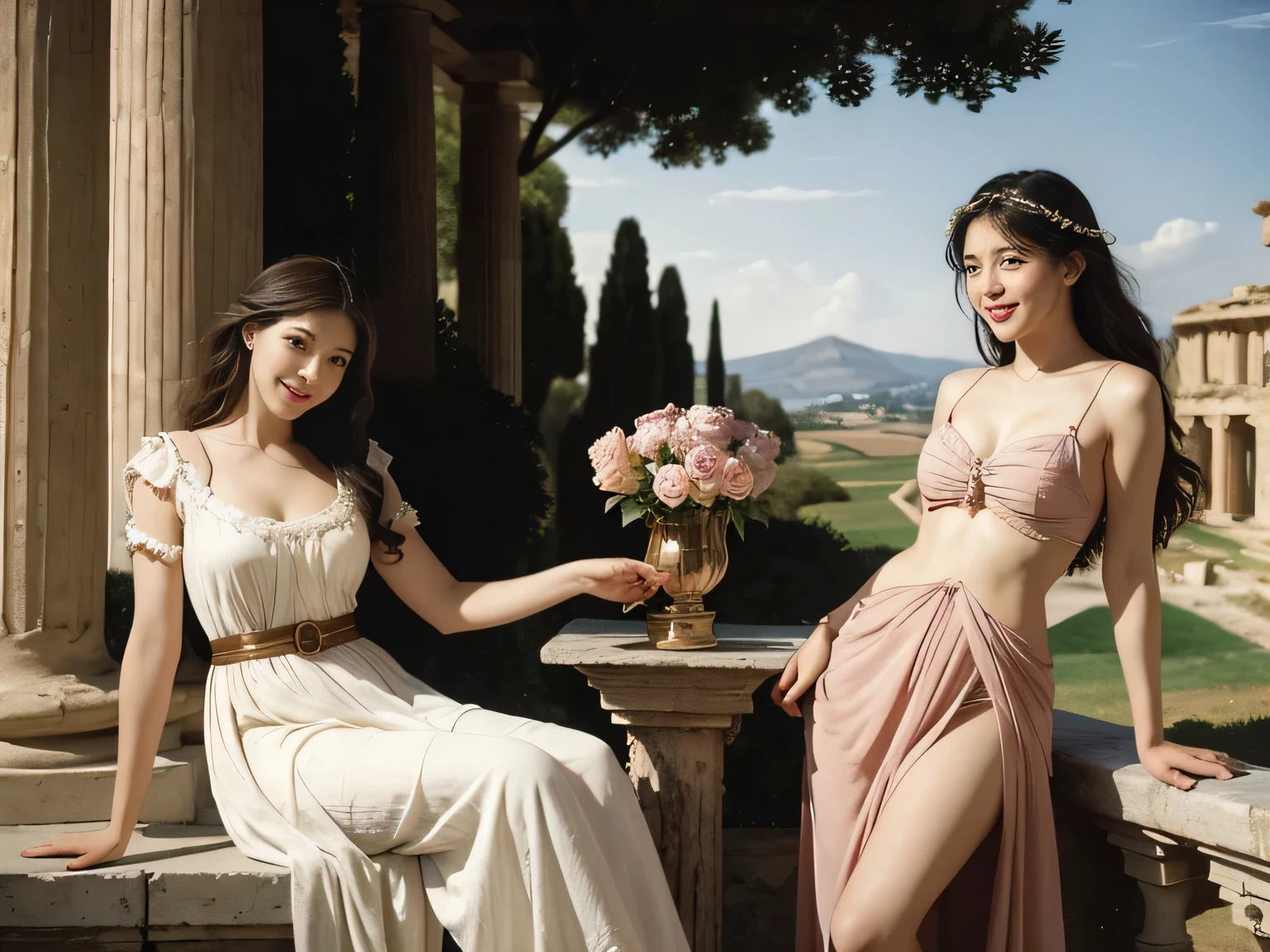 full body portrait or statue、Giorgione painting style,Arguments of two female Philosophe,math、astronomical machine、astronaut、roses in vase、fruits、Cute trinkets、smile、ancient greek costume、Ancient Roman landscape in the style of Nicolas Poussin,laughter,,Sweet and seductive appearance.、Caravaggio's paintings、Chiaroscuro of Caravaggio、hair tousled by the wind,Two women frolicking,cute smile, expression of ecstasy,Sexy,erotic