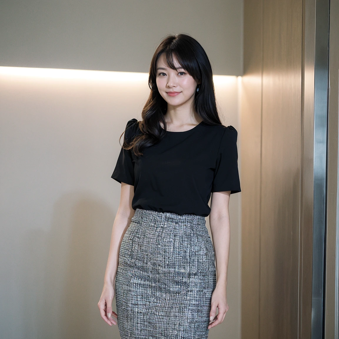 ((highest quality、8K、masterpiece:1.3))、Photoreal, sharp focus, High level image quality, High resolution, portrait, alone, Japanese, woman, きれいなwoman, sexy, short sleeve business blouse、Skirt above the knee、elevator、looking back、elegant、 23 years old, semi-long、smile