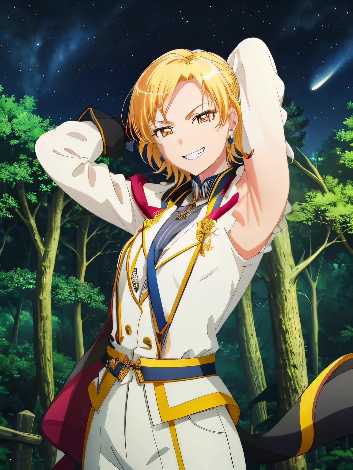 MASKING, 1girl, solo, looking at viewer, smile, short hair, blonde hair, shirt, gloves, long sleeves, ribbon, brown eyes, jewelry, jacket, yellow eyes, white shirt, earrings, pants, grin, solo, upper body, night sky, forest, arms behind head, contrapposto, spread armpits, smile