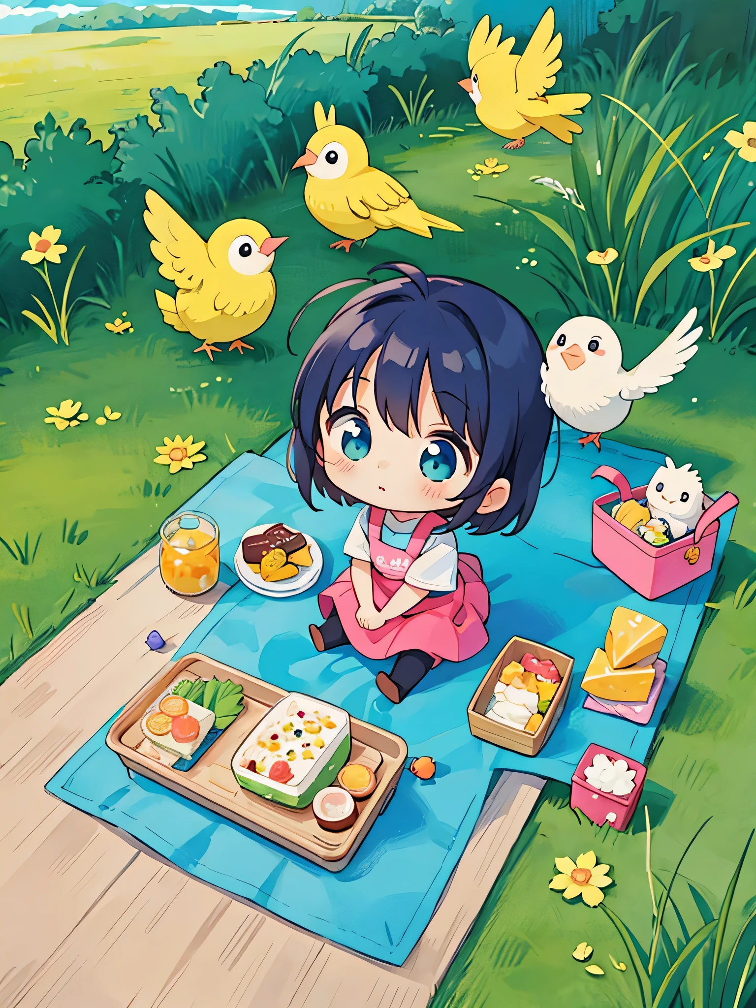 Fujio Akatsuka Style, Kawaii Design, most beautiful girl ever、Chibi, birdie、picnic
