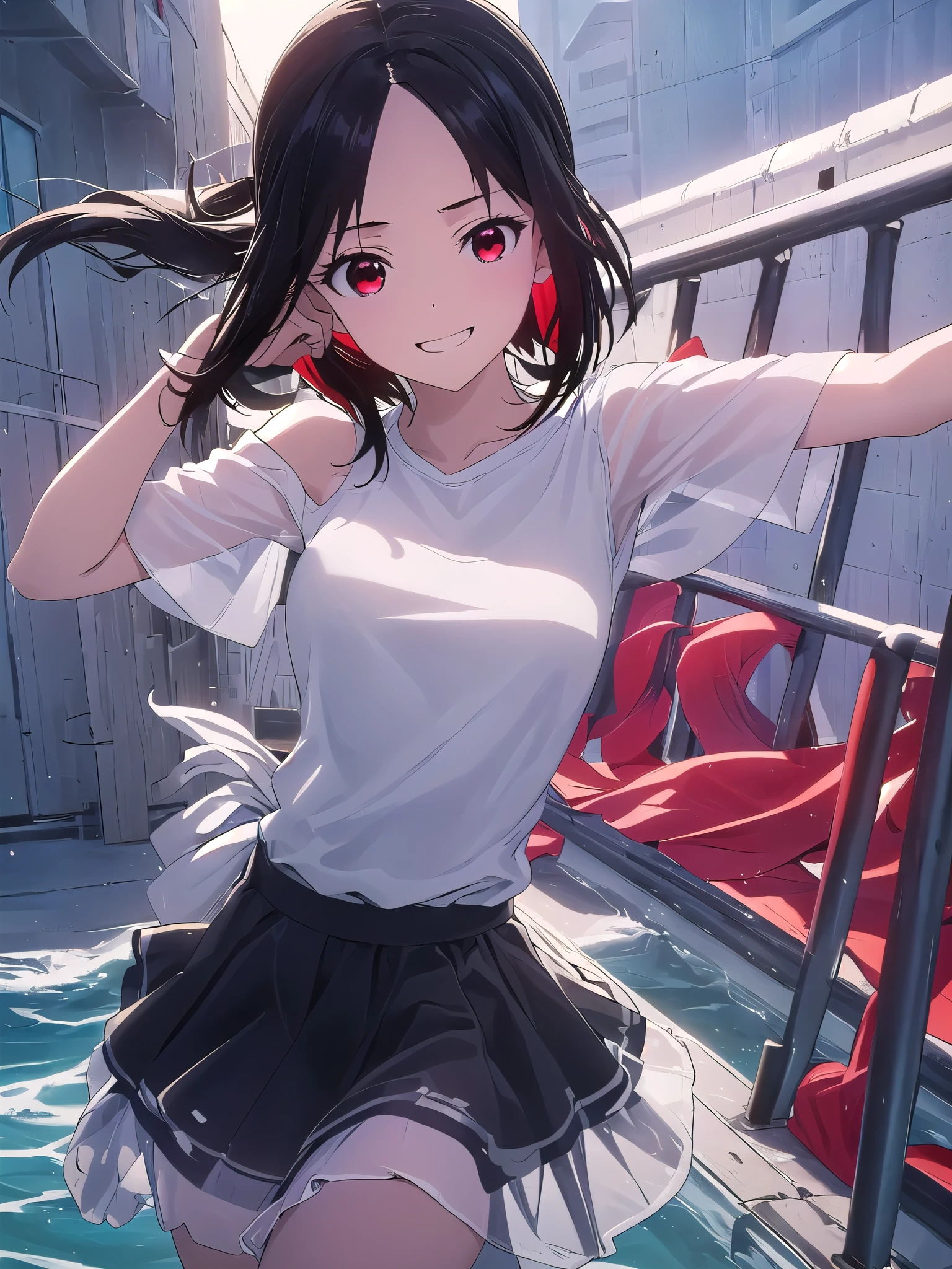 pieces fly、1 girl(1:2)、gold reward、kaguya shinomiya, short hair, bangs, black hair, (red eyes:1.3), hair ribbon, side lock, folded ponytail, (parted bangs:1.5),I&#39;I&#39;ll go with a smile、grin and laugh、The art style resembles an attractive anime style. About image quality, priority (highest quality, 4k, 8K, High resolution, body line１.2), Super detailed, and (realistic, realistic, Photoreal:1.37) ,yoga poses.Ultra-fine painting, sharp focus, Physically based rendering, extreme details, Professional, bright colors,There is an ocean behind、black long skirt、A slightly see-through white shirt、big 、rainbow colored sea of fur