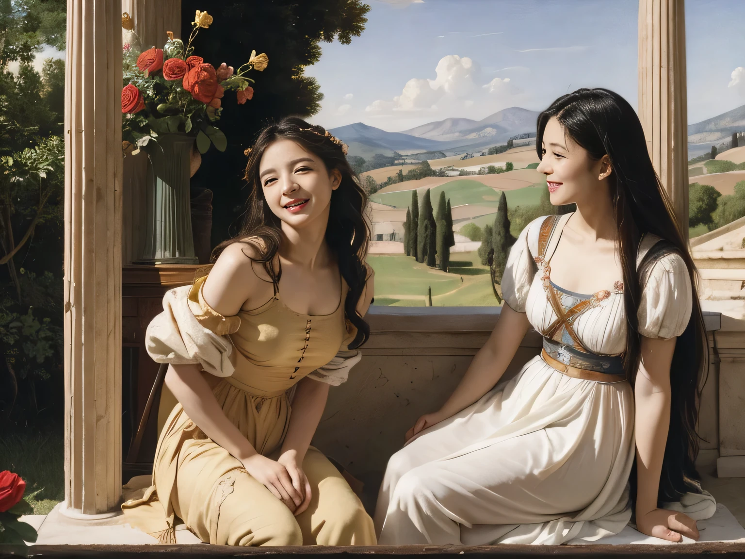full body portrait or statue、Giorgione painting style,Arguments of two female Philosophe,math、astronomical machine、astronaut、roses in vase、fruits、Cute trinkets、smile、ancient greek costume、Ancient Roman landscape in the style of Nicolas Poussin,laughter,,Sweet and seductive appearance.、Caravaggio's paintings、Chiaroscuro of Caravaggio、hair tousled by the wind,Two women frolicking,cute smile, expression of ecstasy,Sexy,erotic