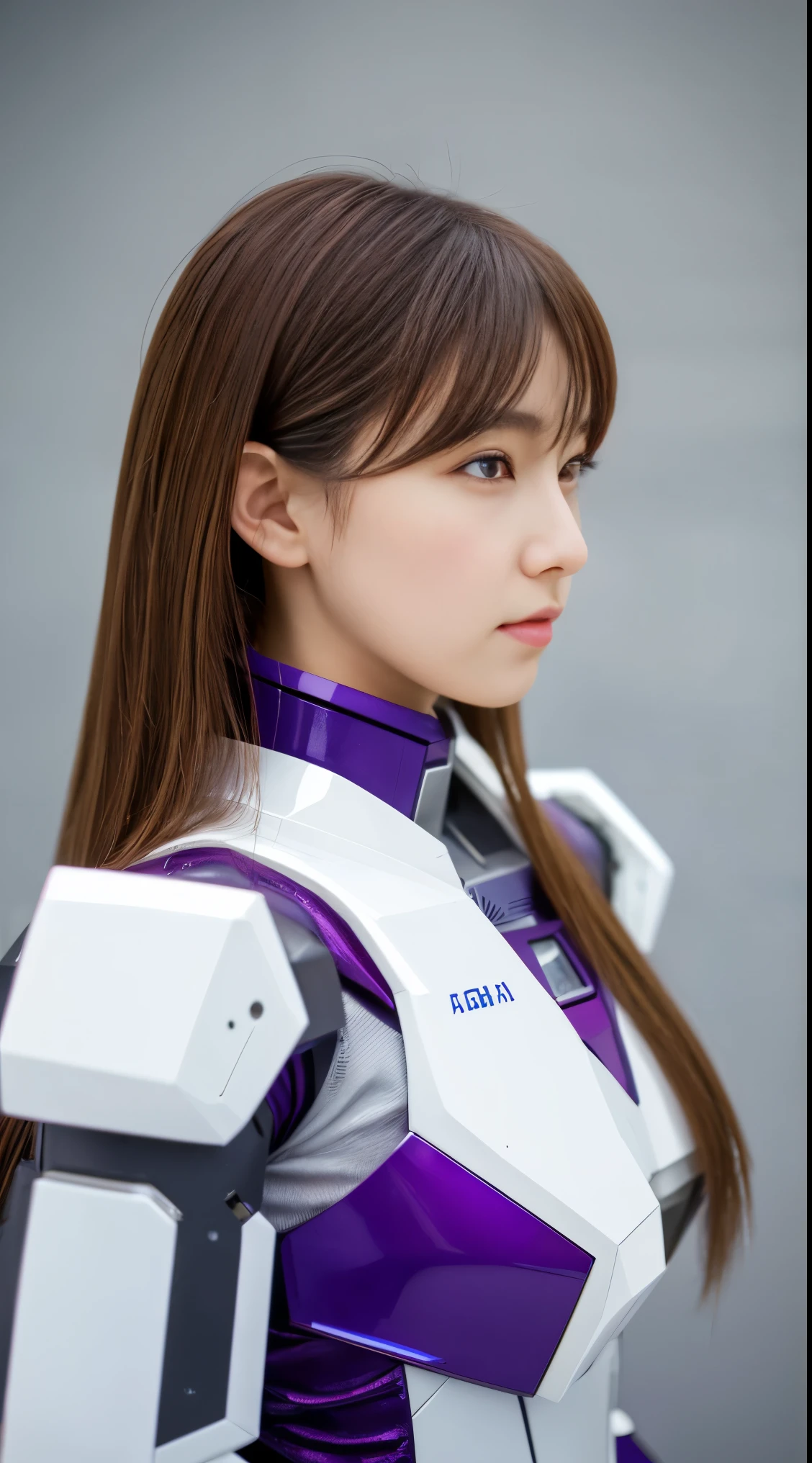 RAW, Masterpiece, Ultra Fine Photo,, Best Quality, Ultra High Resolution, Photorealistic, Sunlight, Full Body Portrait, Stunningly Beautiful,, Dynamic Poses, Delicate Face, Vibrant Eyes, (Side View) a close up of a woman in a pink and white gundam custume, dybamic pose, long brown very very very long long hair rapunzel, girl in mecha cyber armor, portrait armored astronaut girl, d. va from overwatch, female mecha, on a gundam, gundam head, chiho aoshima color scheme, mobile suit, streamlined purple armor, fully robotic!! girl, realistic cosplay, gundam armor (dynamic pose) (best cameraview), full body, sit down