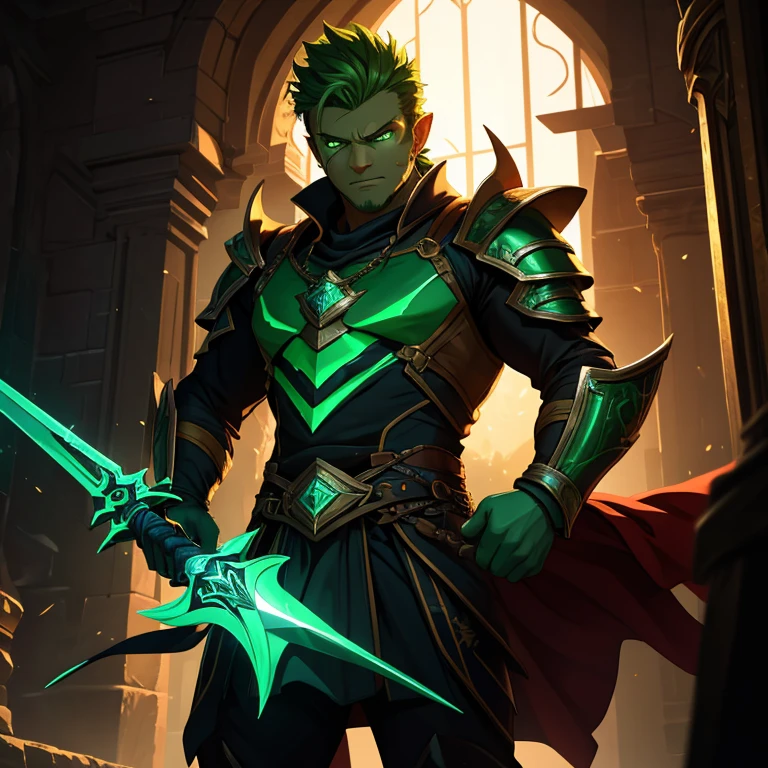 (best quality,8k,highres, masterpiece:1.2), ultra-detailed, HDR, UHD, studio lighting, ultra-fine painting, sharp focus, physically-based rendering, extreme detail description, professional, vivid colors, bokeh, portraits, concept artists, warm color palette, dramatic lighting, 1 man, green eyes, serious expression,Dungeons & Dragons style,neon green bastard sword on his hands,shining green eyes full of madness, a wall of green thundervolt,green thundervolt colored armor,scar on his cheek,