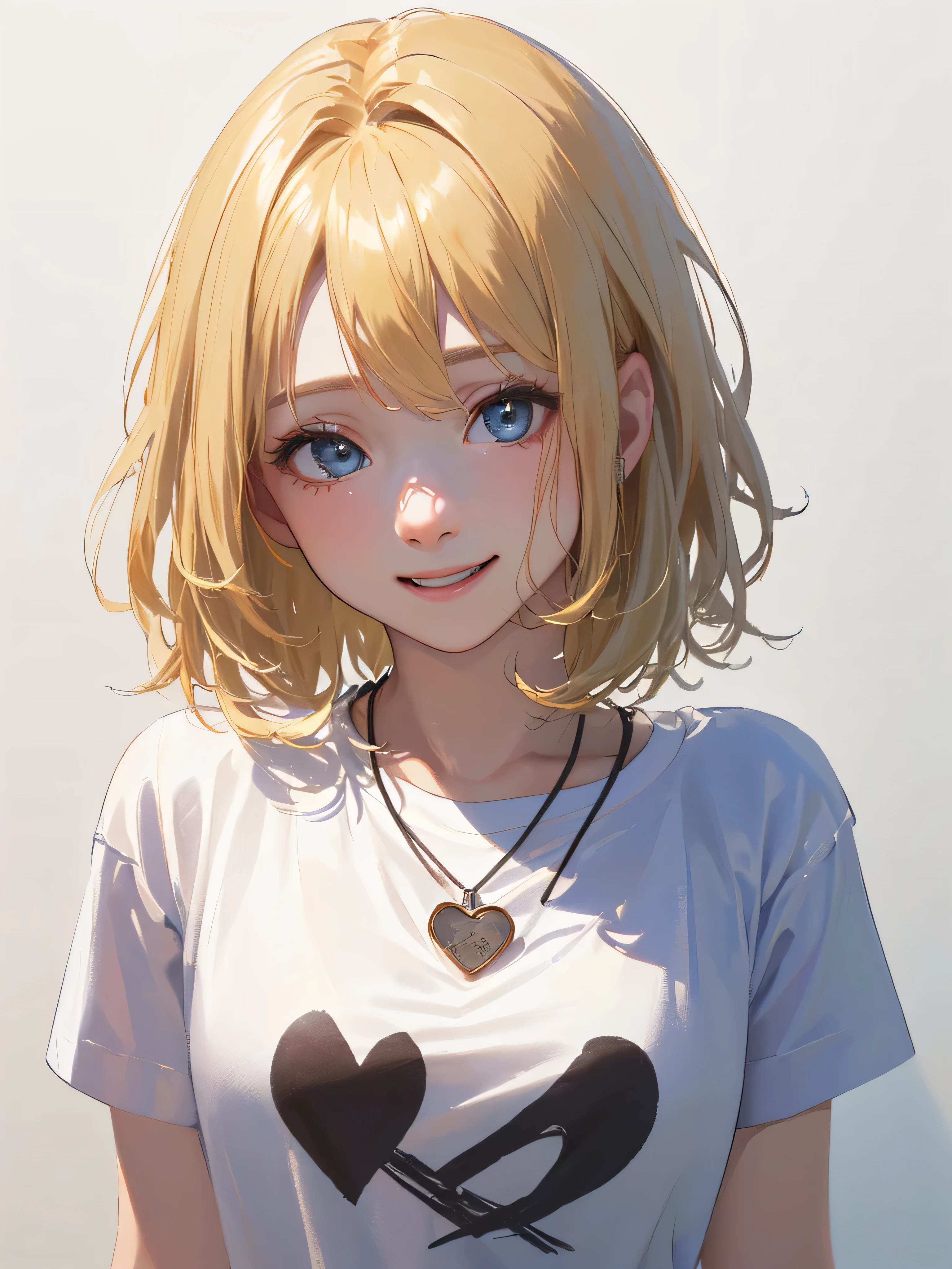 (highest quality、8K、32k、masterpiece)、(realistic)、(Photoreal:1.2)、(High resolution)、Super detailed、very beautiful face and eyes、1 girl、round and small face、thin waist、delicate body、(highest quality、high detail、Rich skin details)、(realistic、realistic:1.37)、bright colors、(((blonde)))、(((medium hair)))、(((That's a stylish hairstyle)))、(((pure white wall background)))、(((pure white wall background)))、(((I'laughing)))、(((Wearing a stylish blue T-shirt)))、(((English characters are written on the front of the T-shirt)))、(((I'I comb my hair with my right hand)))、(((She is wearing a stylish heart-shaped necklace.)))