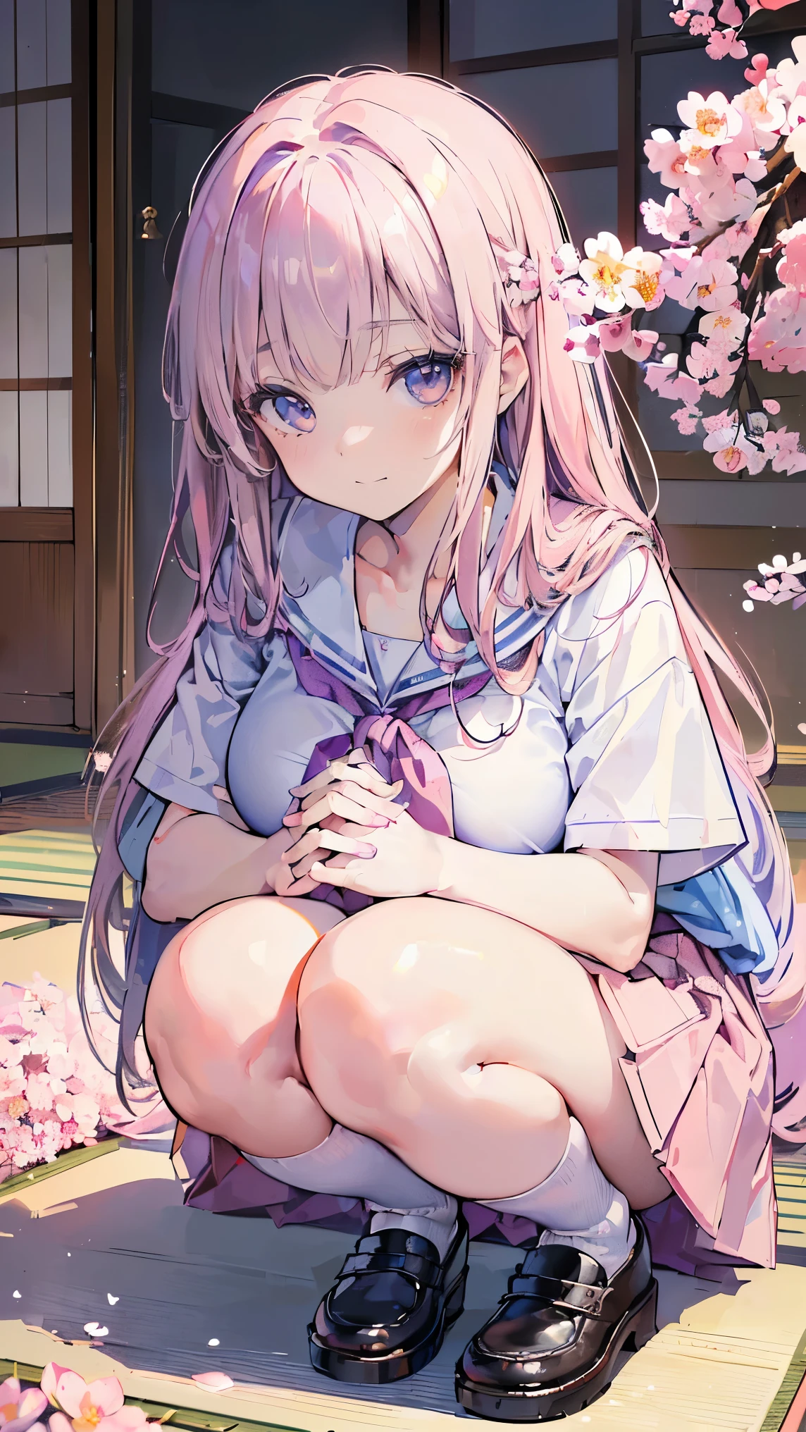 ((masterpiece, highest quality,High resolution,Super detailed drawing)), one girl,(fine eyes) colorful hair,pastel colour, ((beauty, cute, 18-year-old, bangs, small smile)), (((big breasts,Japanese high school girl uniform))),(((Squat down by holding your knees with your hands 1.5))),I can see my underwear,cherry blossoms,shoes