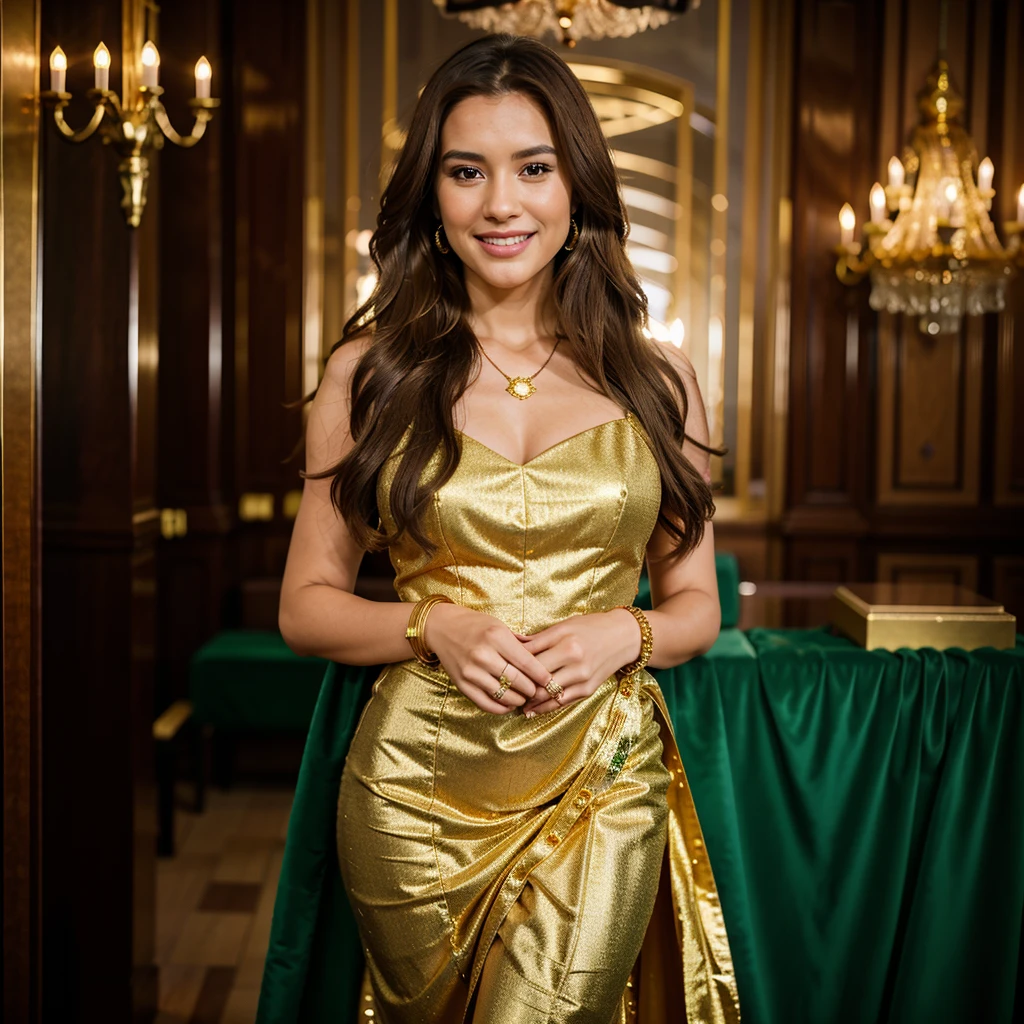 smiling woman with long brown hair wearing a gold dress and a green bracelet, photo of a hand jewellery model, intricate led jewellery, wearing gold jewellery, shot on sony a 7 iii, wearing elegant jewellery, captured on canon eos r 6, shot on sony a 7, shot on nikon z9, photo taken with nikon d750