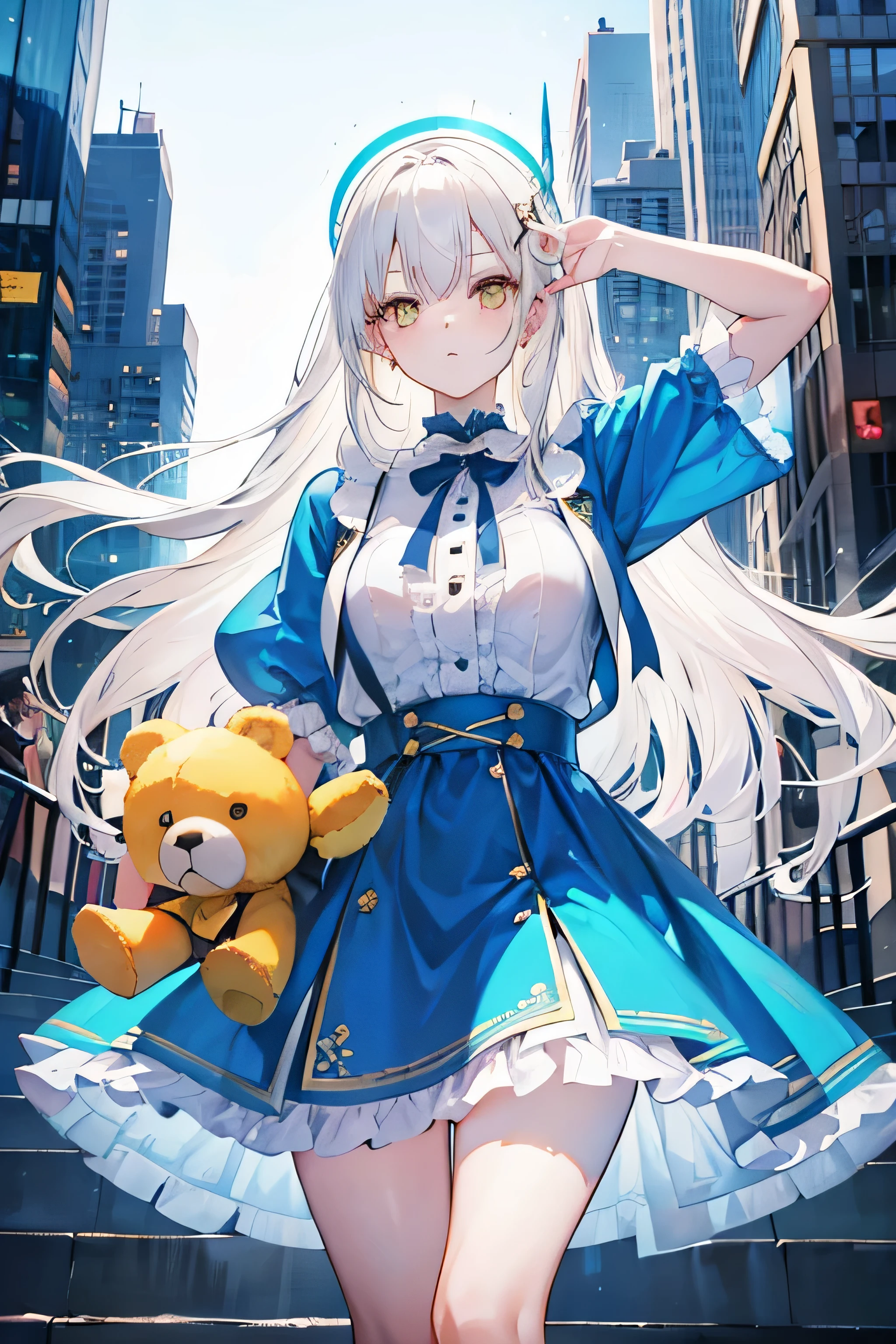 1girl, long platinum blonde hair, golden yellow eyes, blue retro dress, holding a teddy bear, city, absurdres, high res, ultrasharp, 8k, masterpiece, looking at viewer