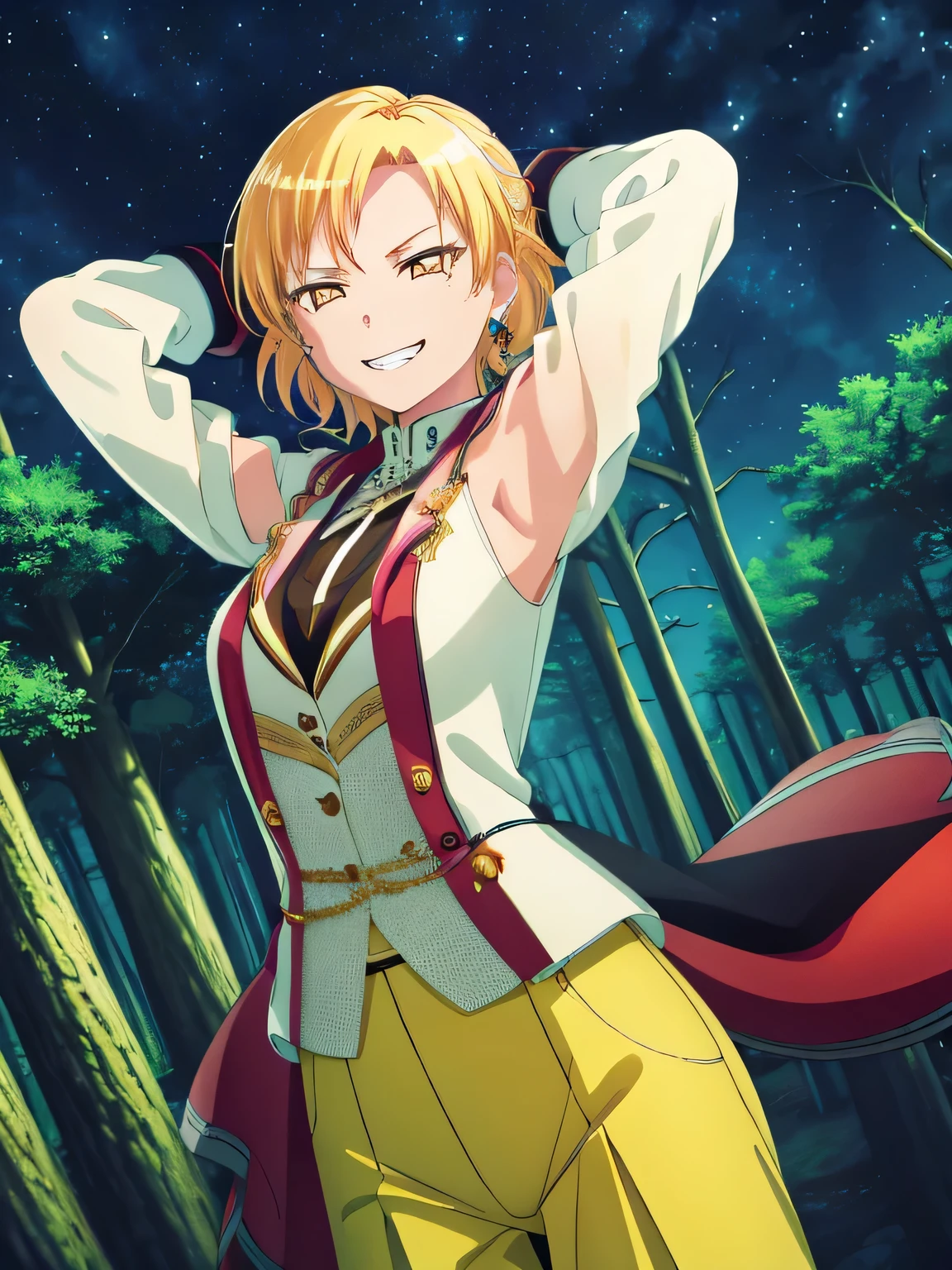 MASKING, 1girl, solo, looking at viewer, smile, short hair, blonde hair, shirt, gloves, long sleeves, ribbon, brown eyes, jewelry, jacket, yellow eyes, white shirt, earrings, pants, grin, solo, upper body, night sky, forest, arms behind head, contrapposto, spread armpits, smile