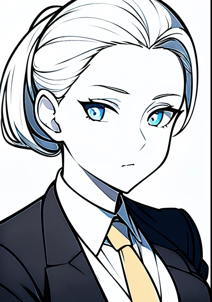 One Young Adult female, white and tender skin, pale blonde slicked back into a short ponytail, steel blue eyes, light and carefree expression, wearing black suit jacket and tie, portrait style, facing forwards