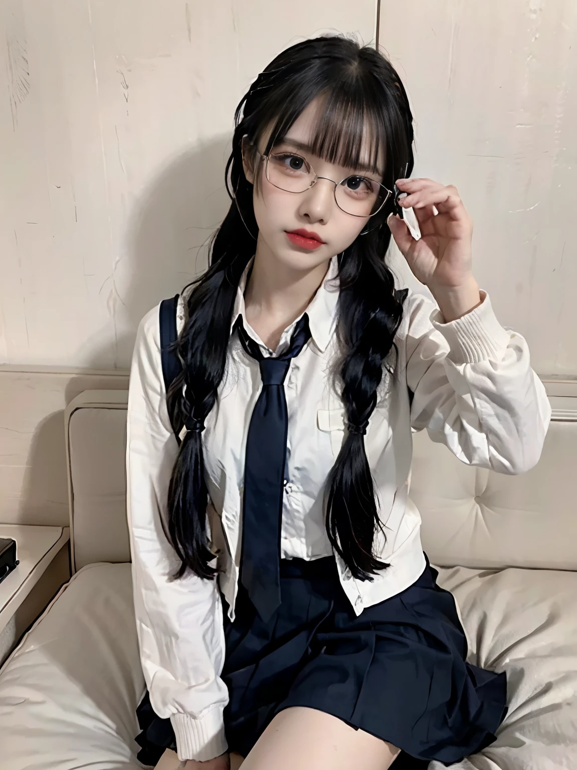 raw photo, 8k, (top-quality), Realistic, (real picture, Intricate details), (natural skin texture, detailed skin, hyper realism, sharpness), (Japanese age glasses girl sitting on bed in a hotel), High , (Formal jacket dark blue), White shirt, Short tie, Short pleated skirt is plaid, Socks are dark navy, Theme color is dark navy, (pale skin:1.2), slender body, ((braid hairstyle, blunt bangs)), (glasses seductive face, Parted lips:1.3, eye shadow, eyeliner, eye bag:1.2, red lip, undereye circle), thighs, red wall:1.3, full body shot