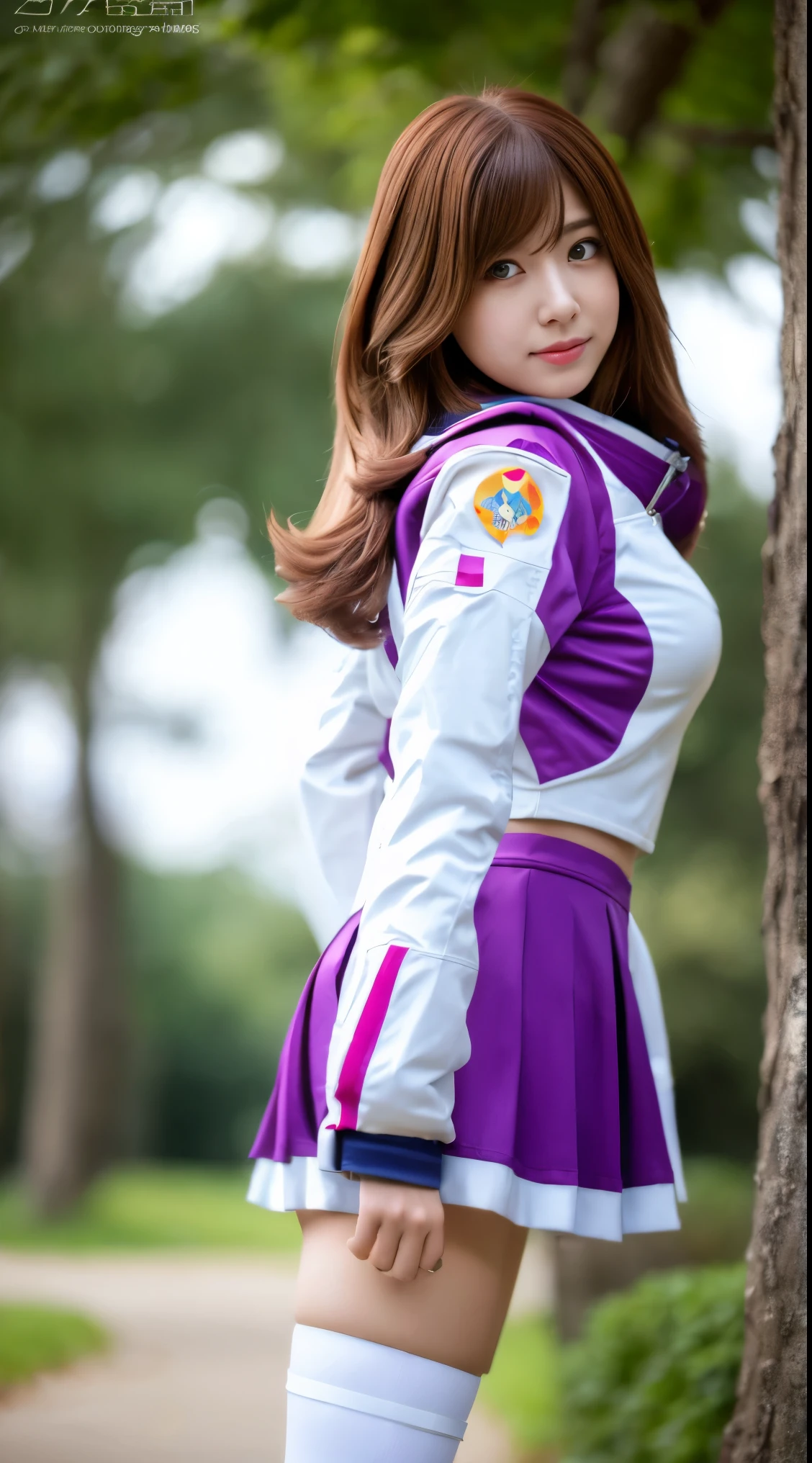 RAW, Masterpiece, Ultra Fine Photo,, Best Quality, Ultra High Resolution, Photorealistic, Sunlight, Full Body Portrait, Stunningly Beautiful,, Dynamic Poses, Delicate Face, Vibrant Eyes, (Side View) a close up of a woman in a pink and white gundam custume, dybamic pose, long brown very very long hair rapunzel, girl in mecha cyber armor, portrait armored astronaut girl, d. va from overwatch, female mecha, on a gundam, gundam head, chiho aoshima color scheme, mobile suit, streamlined purple armor, fully robotic!! girl, realistic cosplay, gundam armor (dynamic pose) (best cameraview), full body