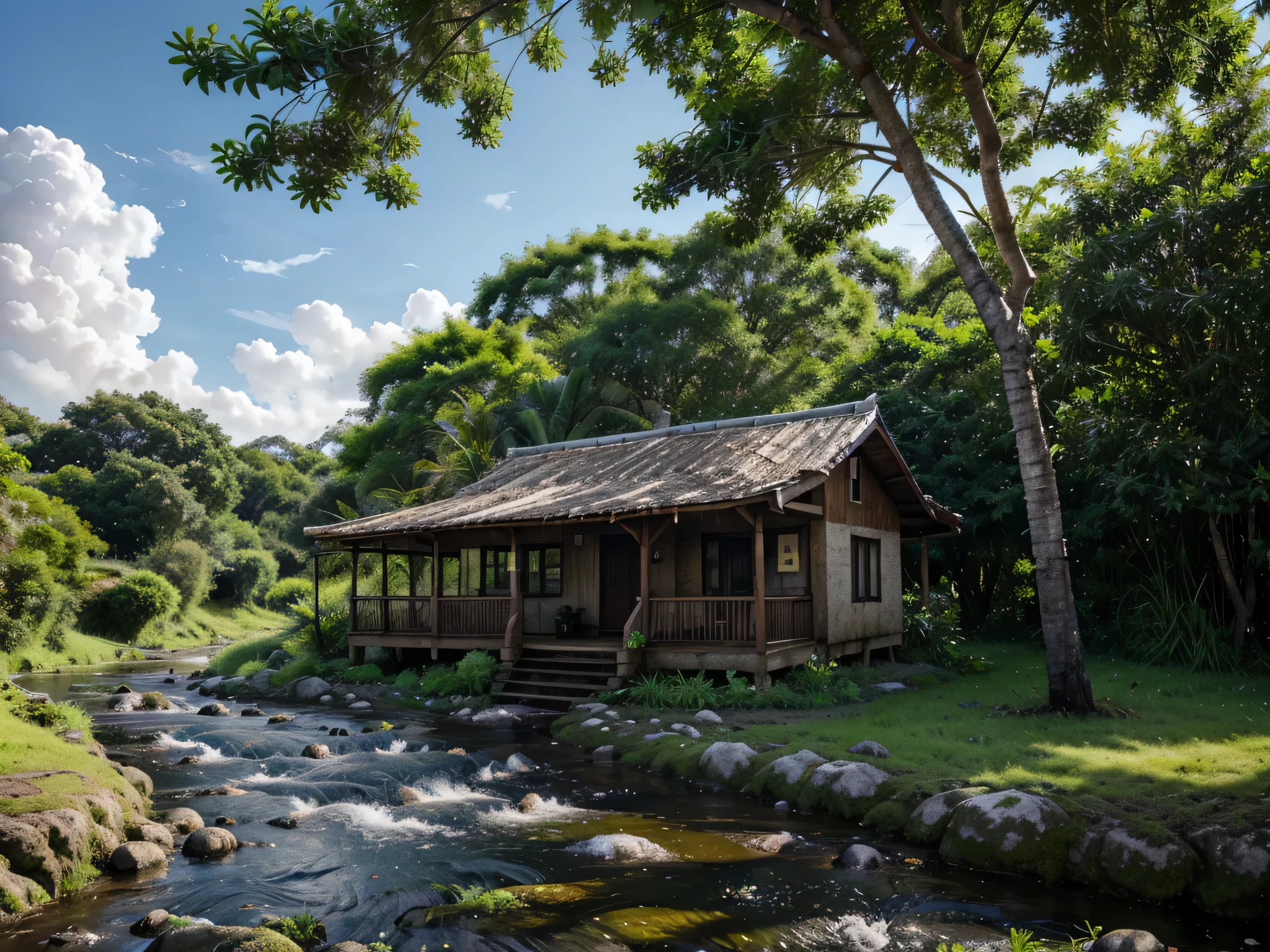 The hut has a slightly rusty tin roof, bright green trees, chicken trees, a little bit next to a small waterfall, a clear flowing river, there is a road up a large rock, a gravel road next to it, down next to a flat green rice field, a little moss, a fern, a flower, a woman washing a banana tree, a coconut tree, plants, the background of the flat rice field cool dark blue sky gray white clouds" dark purple mejestic cloud Ultra UHD ultra HD.50.ultra natural effect. Ultra HD Professional Professional Photographer.