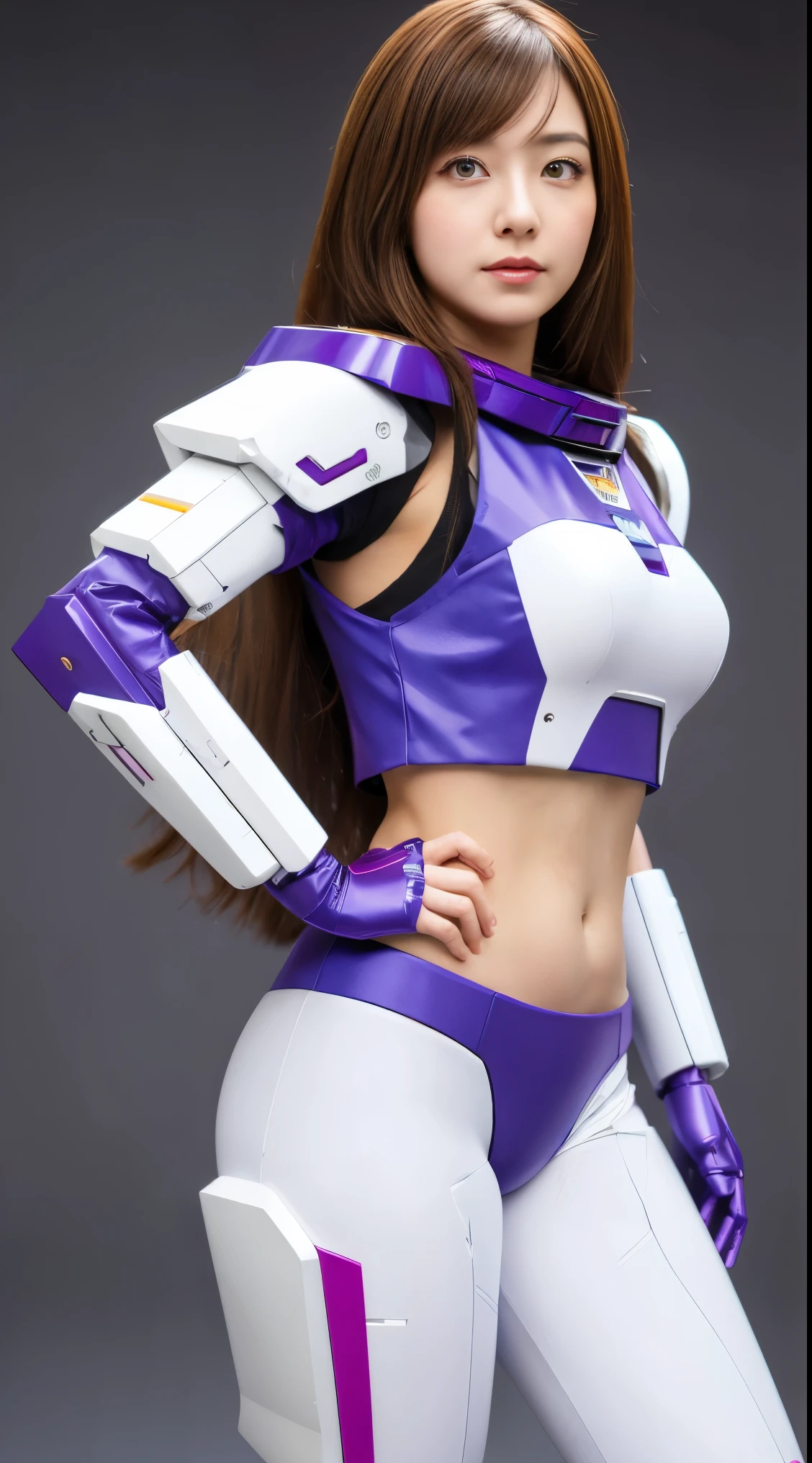 RAW, Masterpiece, Ultra Fine Photo,, Best Quality, Ultra High Resolution, Photorealistic, Sunlight, Full Body Portrait, Stunningly Beautiful,, Dynamic Poses, Delicate Face, Vibrant Eyes, (Side View) a close up of a woman in a pink and white gundam custume, dybamic pose, long brown very very long hair rapunzel, girl in mecha cyber armor, portrait armored astronaut girl, d. va from overwatch, female mecha, on a gundam, gundam head, chiho aoshima color scheme, mobile suit, streamlined purple armor, fully robotic!! girl, realistic cosplay, gundam armor (dynamic pose) (best cameraview), full body
