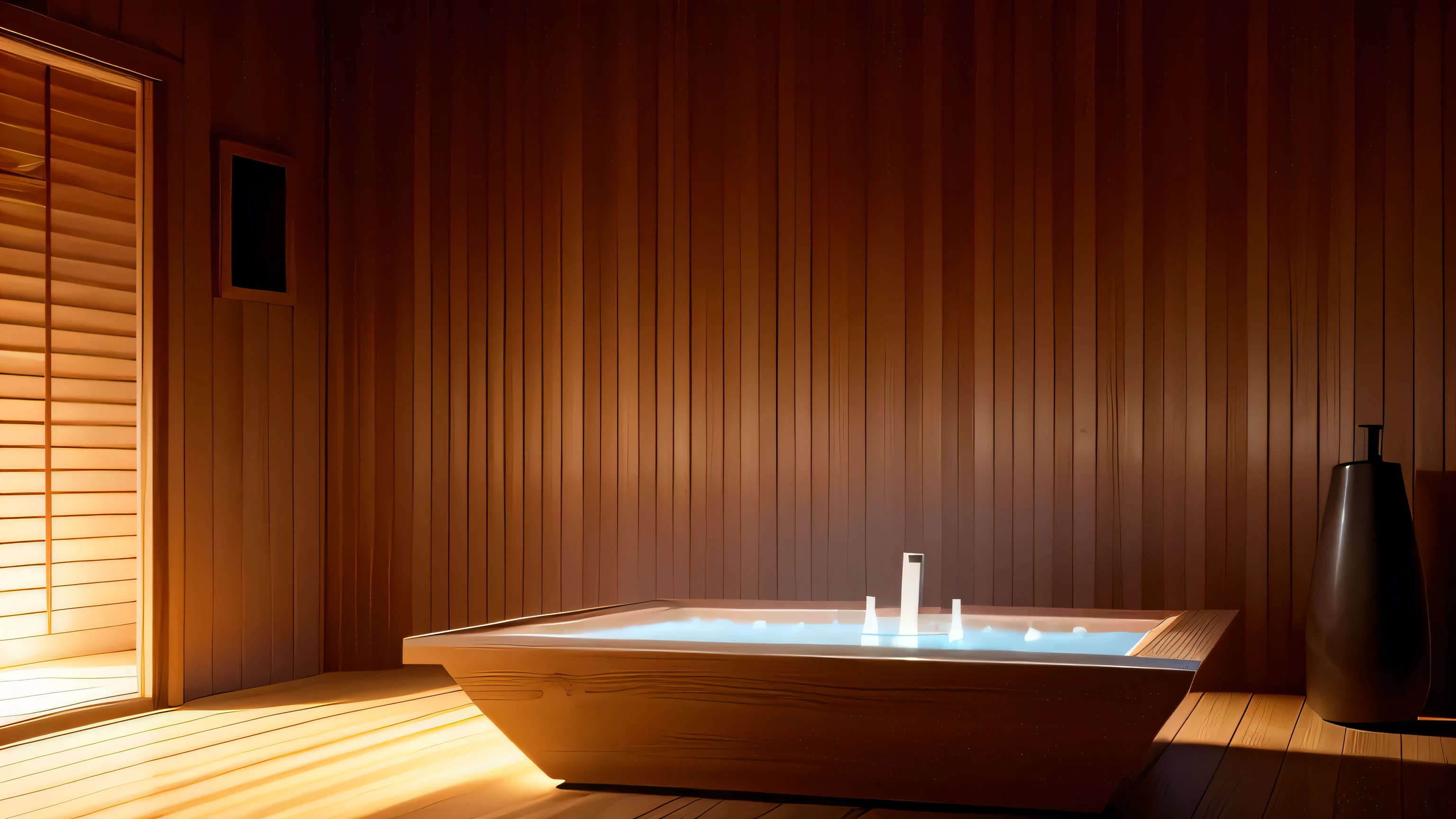 Hinoki bath, No character,Super detailed,vapor、indoor、night、wooden wall