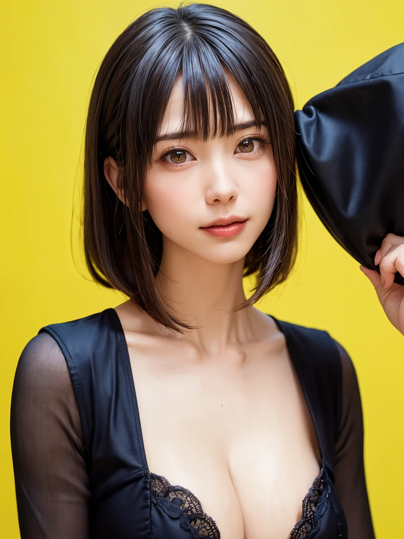 (masterpiece, highest quality),1 girl, alone, scarf, have, realistic, realistic, looking at the viewer, light colored black eyes, Brunette short bob hair with highly detailed shiny hair, Winter clothes, Whity, lips, bangs, outdoor, closed mouth, Upper body、Big eyes、eyelash、((There'There'There'There'There'There'There'、Very simple solid yellow background:1.8))、(((bangsのあるショートヘア、Big eyes、big and full chest、look at the audience、beautiful beauty、show me your ears、long neck、smile、please close your mouth and smile)))、ideal body proportions、(Tree-lined avenues in the winter wilderness of England)、{Huge|big|Hugeな|mega} chest, cleavage