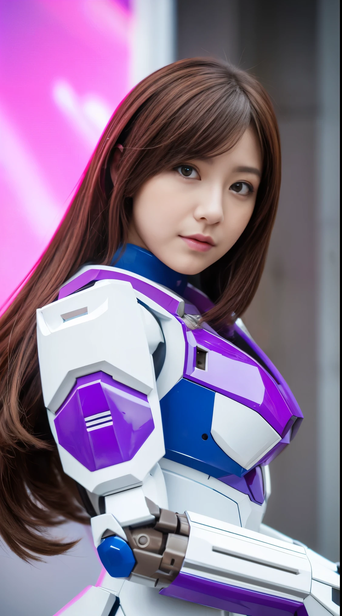 RAW, Masterpiece, Ultra Fine Photo,, Best Quality, Ultra High Resolution, Photorealistic, Sunlight, Full Body Portrait, Stunningly Beautiful,, Dynamic Poses, Delicate Face, Vibrant Eyes, (Side View) a close up of a woman in a pink and white gundam custume, dybamic pose, long brown very very long hair rapunzel, girl in mecha cyber armor, portrait armored astronaut girl, d. va from overwatch, female mecha, on a gundam, gundam head, chiho aoshima color scheme, mobile suit, streamlined purple armor, fully robotic!! girl, realistic cosplay, gundam armor (dynamic pose) (best cameraview), full body