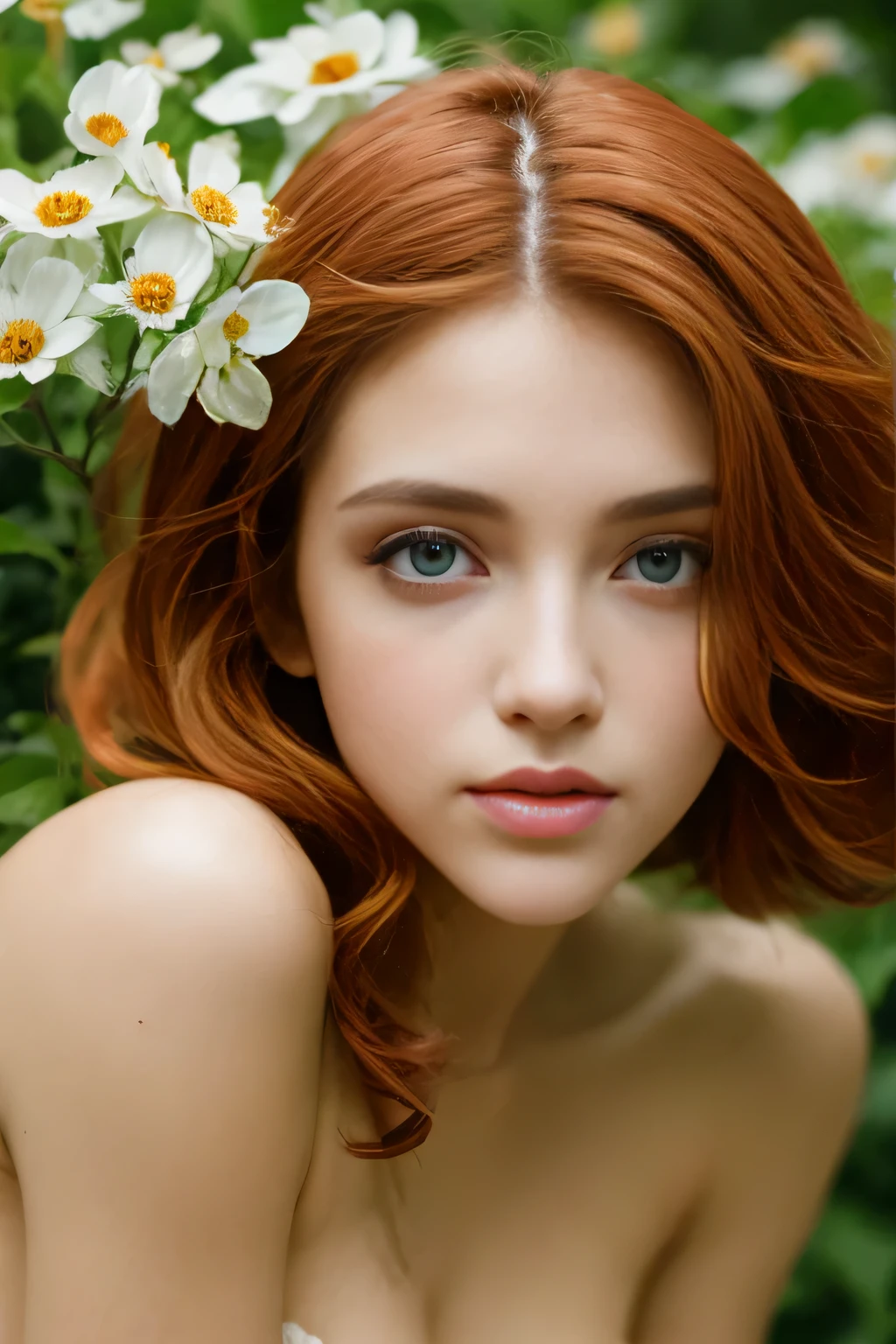 Masterpiece, (Bryce Dallas Howard: 0.5), short hair, vivid orange hair, shy, cute, playful smile, high detail face, high detail skin, red dress, (high detail eyes:1.3), (small breasts:1.2), (strong athletic body), garden wiith colorful flowers background, (UHD, 8K wallpaper, High resolution), Cinematic lighting, award-winning, extremely white detailed skin, extra detailed face, high detail eyes, photo-realistic, Zeiss 85 mm F/1.4, by Ellen von Unwerth

