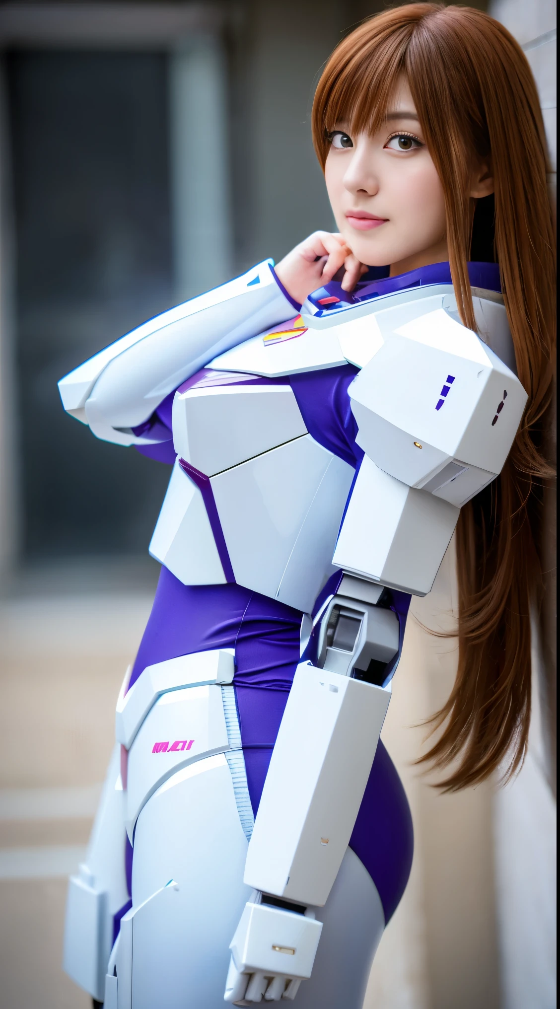 RAW, Masterpiece, Ultra Fine Photo,, Best Quality, Ultra High Resolution, Photorealistic, Sunlight, Full Body Portrait, Stunningly Beautiful,, Dynamic Poses, Delicate Face, Vibrant Eyes, (Side View) a close up of a woman in a pink and white gundam custume, dybamic pose, long brown very very long hair rapunzel, girl in mecha cyber armor, portrait armored astronaut girl, d. va from overwatch, female mecha, on a gundam, gundam head, chiho aoshima color scheme, mobile suit, streamlined purple armor, fully robotic!! girl, realistic cosplay, gundam armor (dynamic pose) (best cameraview), full body
