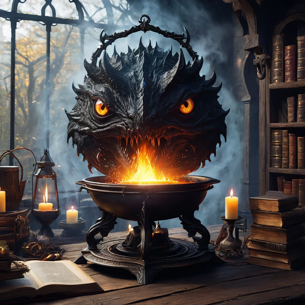 (best quality:1.2,ultra-detailed,realistic:1.37),monster,behemoth,demonic presence,magic,levitating cookbook,central eye, enormous eye,sinister,cauldron,fire,adventurers,caged,Dungeons&Dragons,menacing,shadowy,restrained,magical aura,creepy atmosphere,ominous,spellbound,mystical,enchanted,spell-casting,monstrous,dark fantasy,dimly lit,struggling,wizardry,unearthly,hovering,menacing presence,enchanting recipe,sorcery,spells,conjured,terrifying magics,runic symbols,mythical,mysterious,unleashing power