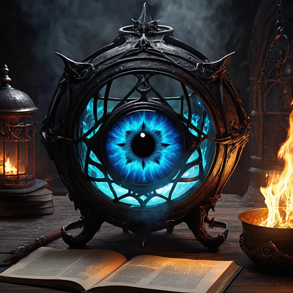 (best quality:1.2,ultra-detailed,realistic:1.37),monster,behemoth,demonic presence,magic,levitating cookbook,central eye, enormous eye,sinister,cauldron,fire,adventurers,caged,Dungeons&Dragons,menacing,shadowy,restrained,magical aura,creepy atmosphere,ominous,spellbound,mystical,enchanted,spell-casting,monstrous,dark fantasy,dimly lit,struggling,wizardry,unearthly,hovering,menacing presence,enchanting recipe,sorcery,spells,conjured,terrifying magics,runic symbols,mythical,mysterious,unleashing power