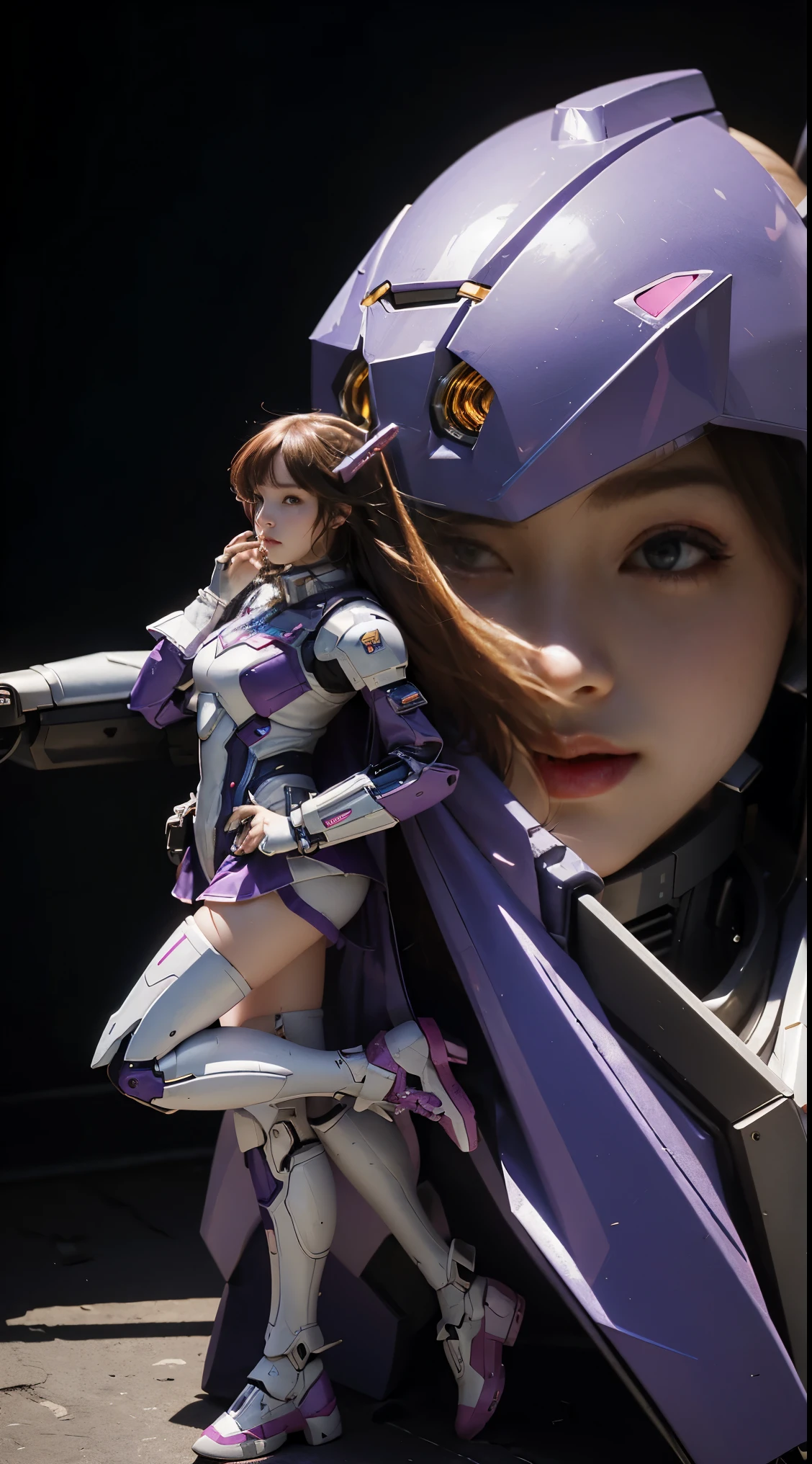 RAW, Masterpiece, Ultra Fine Photo,, Best Quality, Ultra High Resolution, Photorealistic, Sunlight, Full Body Portrait, Stunningly Beautiful,, Dynamic Poses, Delicate Face, Vibrant Eyes, (Side View) a close up of a woman in a pink and white gundam custume, dybamic pose, long brown very very long hair rapunzel, girl in mecha cyber armor, portrait armored astronaut girl, d. va from overwatch, female mecha, on a gundam, gundam head, chiho aoshima color scheme, mobile suit, streamlined purple armor, fully robotic!! girl, realistic cosplay, gundam armor (dynamic pose) (best cameraview), full body