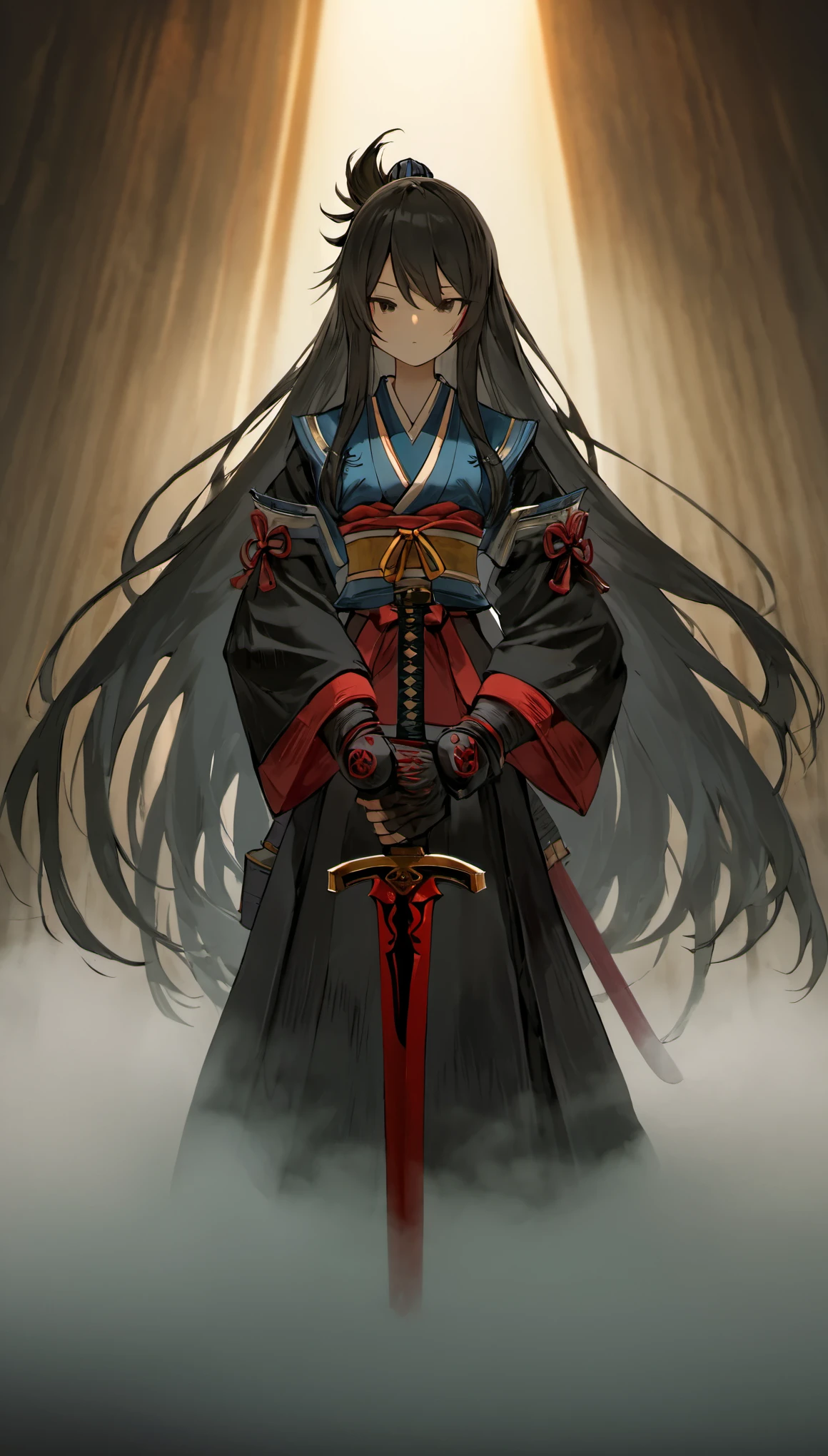 (exquisitely detailed skin), masterpiece, highest quality, official art, unity 8k wallpaper, super detailed,(dark scene,discreet key,soft lighting), cinematic look,high color saturation,best anatomy,volumetric fog,
a samurai girl, Because I'm slender, cowboy shot,
1 girl,arms,sword,long hair,black hair,holding,alone,holding arms,Blood,holding sword,arm guard,simple background,Blood on arms,looking at the viewer,black eye,or,floating hair,