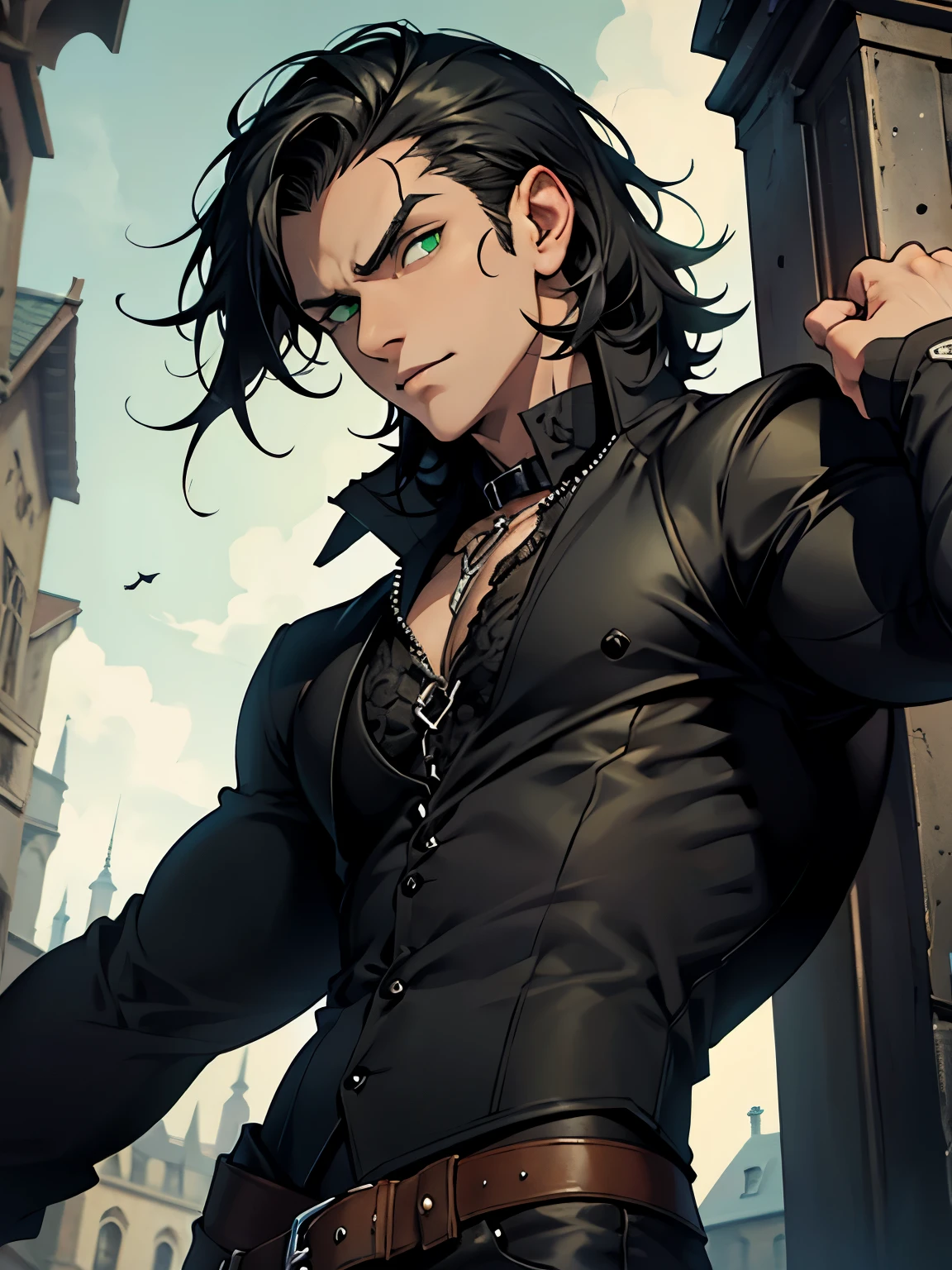 1 man, gothic, black hair, (very strong body), green eyes