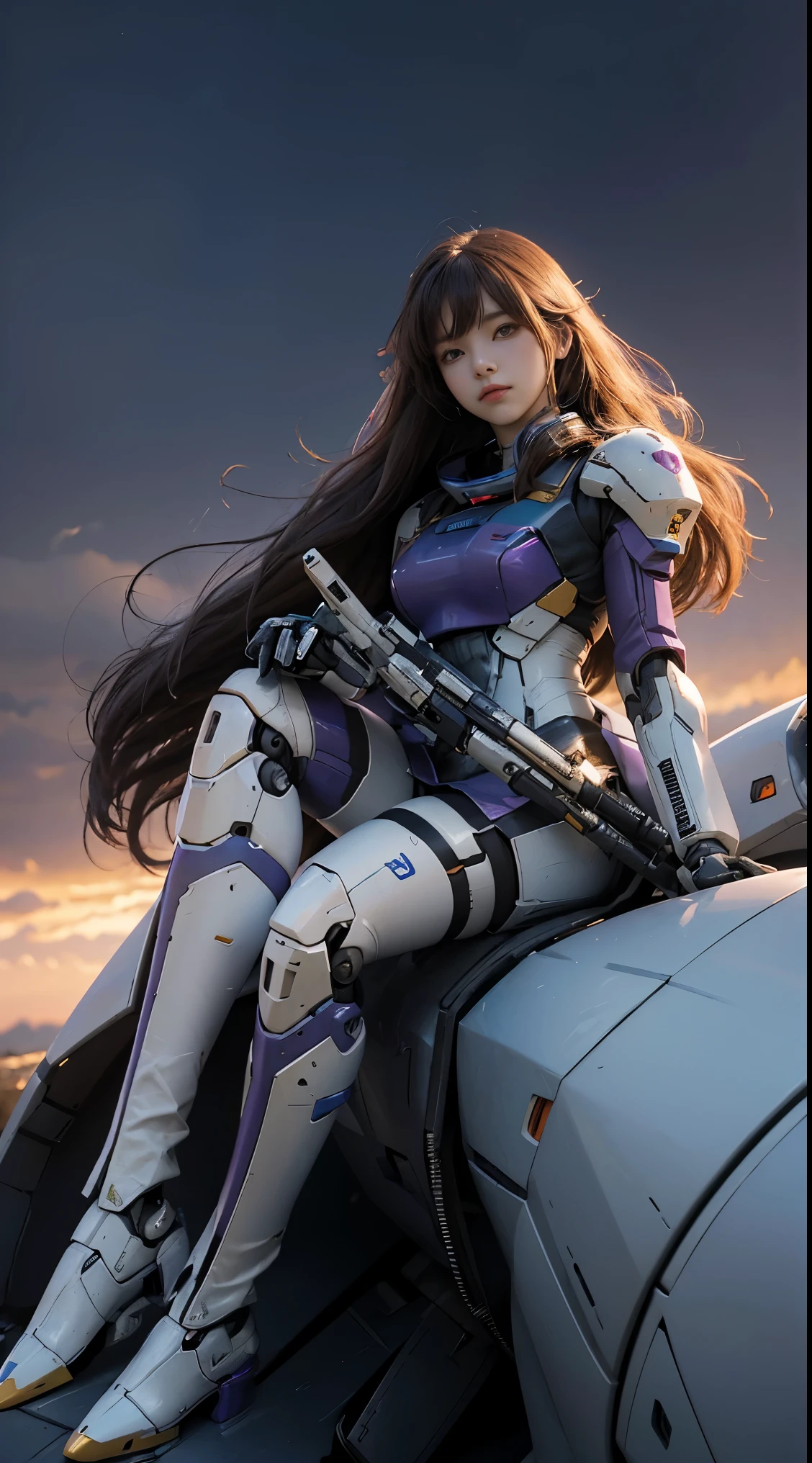 RAW, Masterpiece, Ultra Fine Photo,, Best Quality, Ultra High Resolution, Photorealistic, Sunlight, Full Body Portrait, Stunningly Beautiful,, Dynamic Poses, Delicate Face, Vibrant Eyes, (Side View) a close up of a woman in a pink and white gundam custume, dybamic pose, long brown very very long hair rapunzel, girl in mecha cyber armor, portrait armored astronaut girl, d. va from overwatch, female mecha, on a gundam, gundam head, chiho aoshima color scheme, mobile suit, streamlined purple armor, fully robotic!! girl, realistic cosplay, gundam armor (dynamic pose) (best cameraview), full body