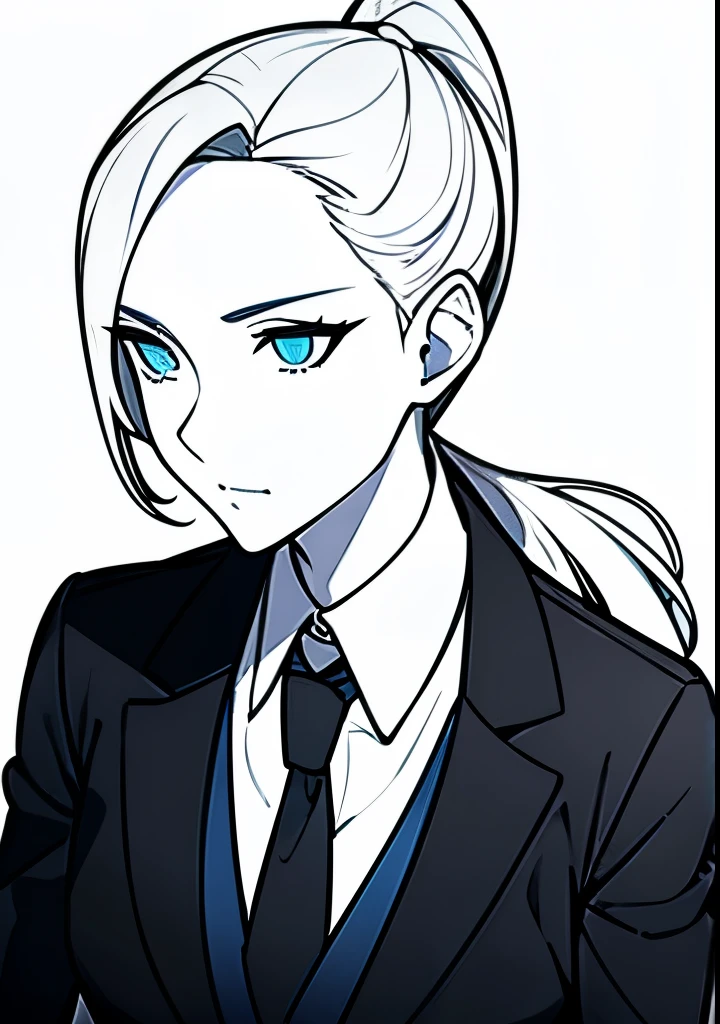 One Young Adult female, white and tender skin, pale blonde slicked back into a short ponytail, steel blue eyes, light and carefree expression, wearing black suit jacket and tie, portrait style, facing forwards