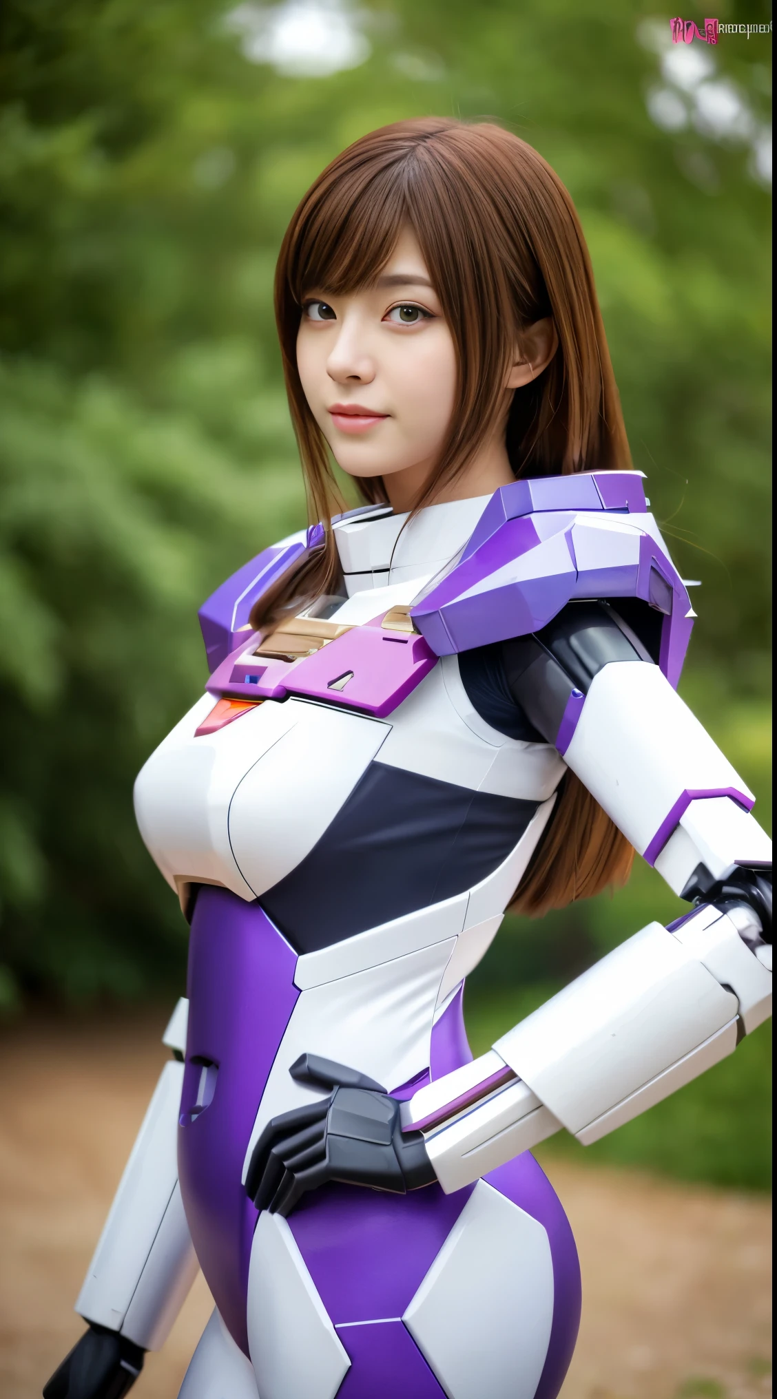 RAW, Masterpiece, Ultra Fine Photo,, Best Quality, Ultra High Resolution, Photorealistic, Sunlight, Full Body Portrait, Stunningly Beautiful,, Dynamic Poses, Delicate Face, Vibrant Eyes, (Side View) a close up of a woman in a pink and white gundam custume, dybamic pose, long brown very very long hair rapunzel, girl in mecha cyber armor, portrait armored astronaut girl, d. va from overwatch, female mecha, on a gundam, gundam head, chiho aoshima color scheme, mobile suit, streamlined purple armor, fully robotic!! girl, realistic cosplay, gundam armor (dynamic pose) (best cameraview), full body