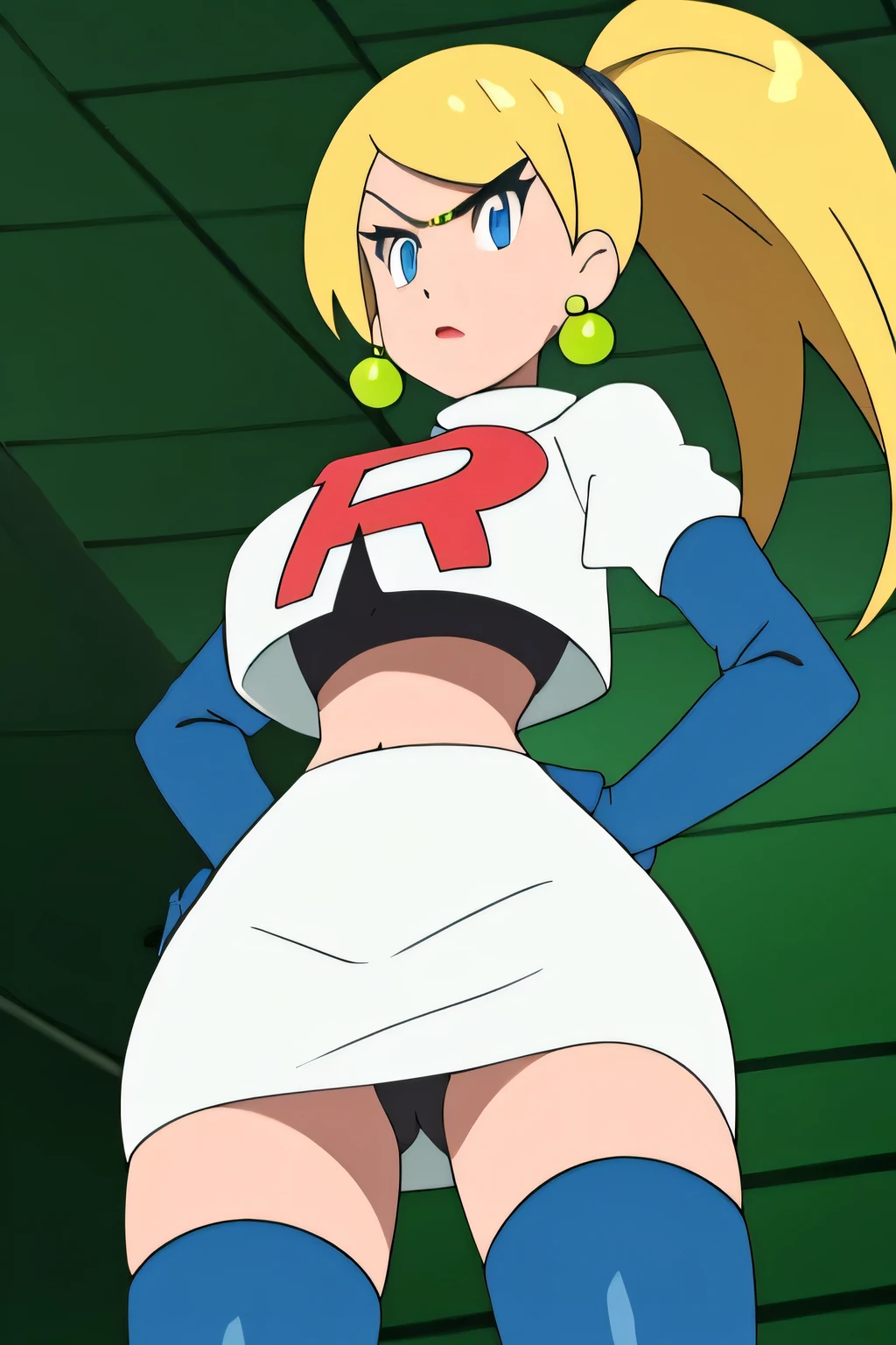 8k, masterpiece,highres,very large breast, team rocket uniform, red letter r, white skirt,white crop top,black thigh-high boots, black elbow gloves, glaring angrily, looking down at viewer, hands on hips, cowboy shot, zettai ryouiki,from below, black panties,anime style, vivid colors, sharp focus, intense lighting,samus aran, ponytail, hair tie, ,earrings ,red lipstick, blue eye shadow, heavy makeup