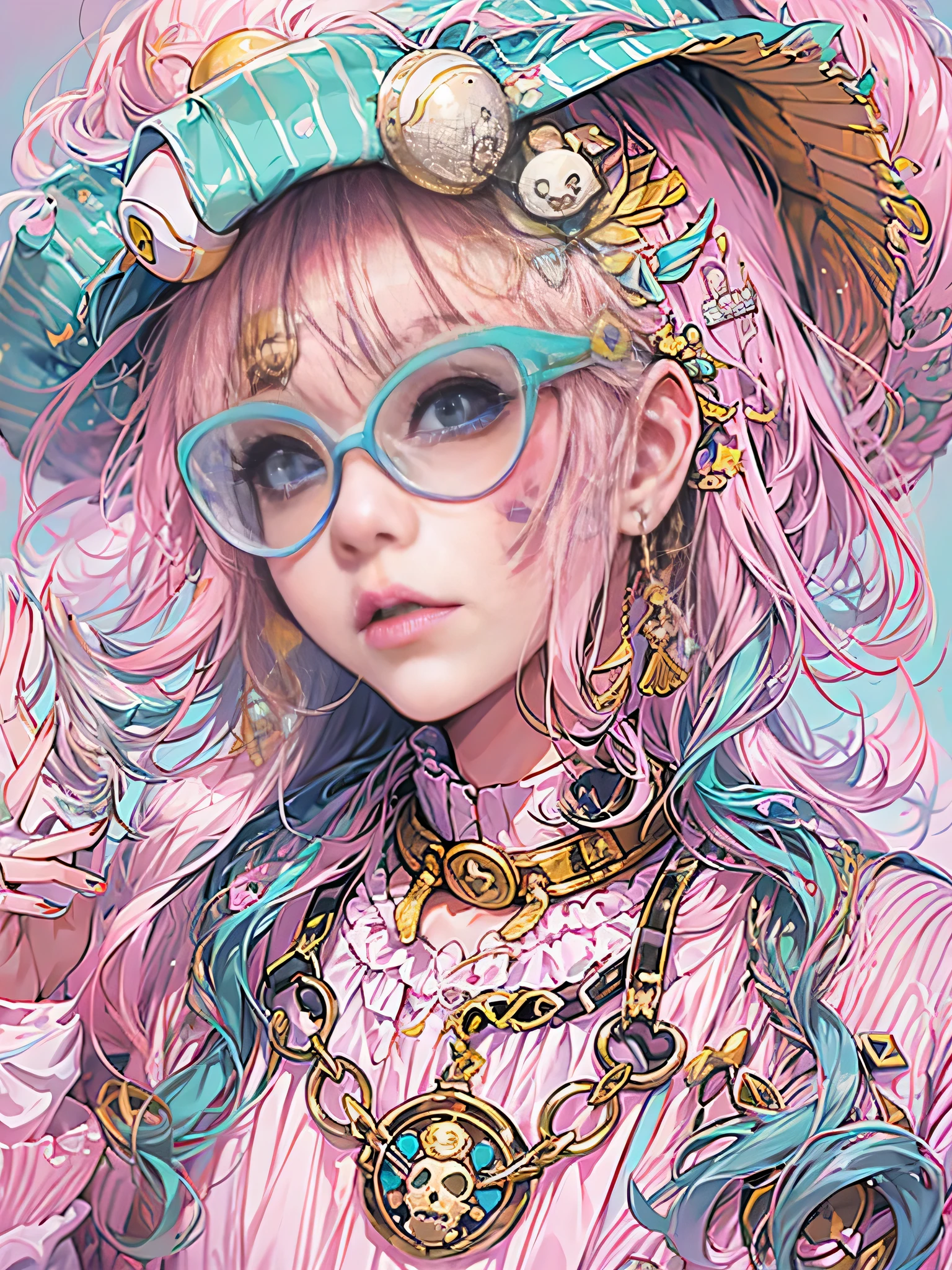 akira toriyama style、"cute, beautiful, Adorable girl wearing pink clothes, yellow, and baby blue color scheme. She is wearing a costume with a SKULL motif inspired by a female pirate.。.。.。.。.。.。.... Fashionable hats, rock、Comes with decorative accessories such as hair clips. Embodying the vibrant and modern Harajuku fashion style。."