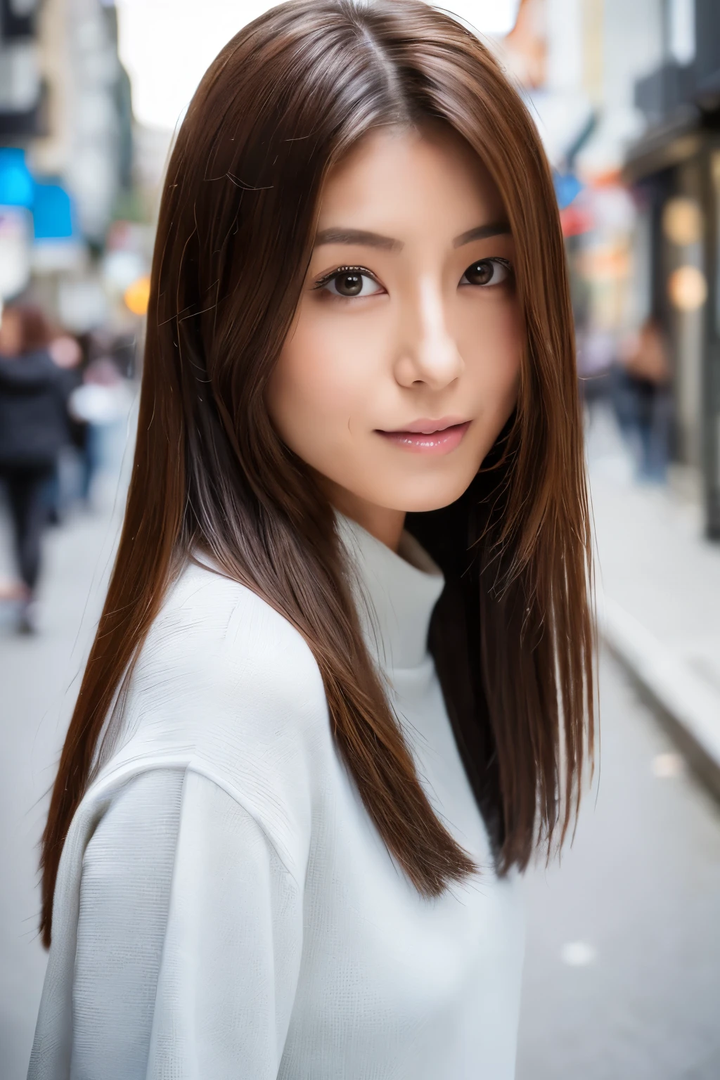 ((top-quality, in 8K, masterpiece:1.3)), Skinny Japanese woman, perfect body:1.4, Slim abs:1.2, ((Straight hair:1.2)), (a street:1.2), wetbody:1.5, Three-dimensional texture, A detailed eye, Brown hair, very thin waist, posterior view, looking back to the viewers