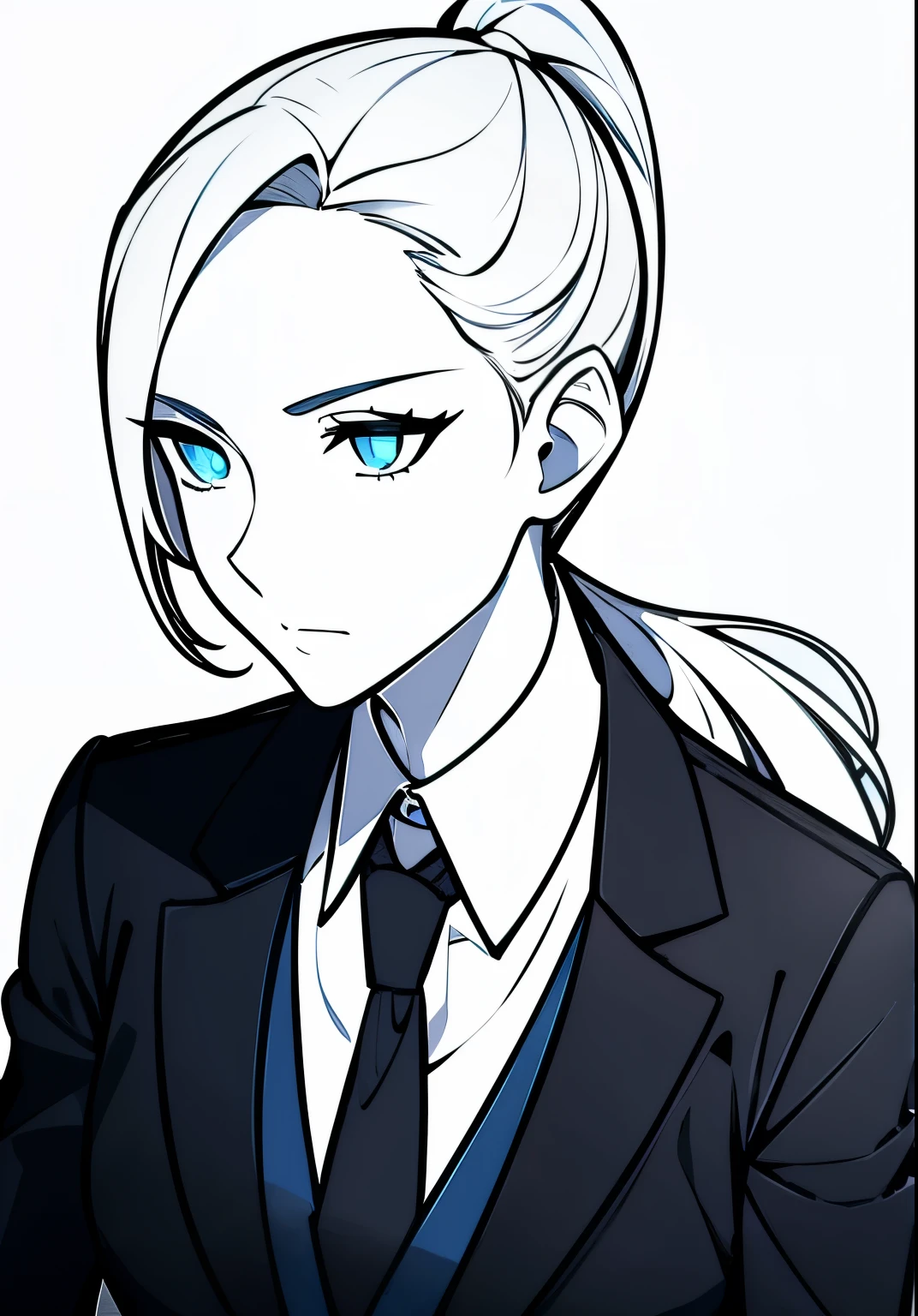 One Young Adult female, white and tender skin, pale blonde slicked back into a short ponytail, steel blue eyes, light and carefree expression, wearing black suit jacket and tie, portrait style, facing forwards