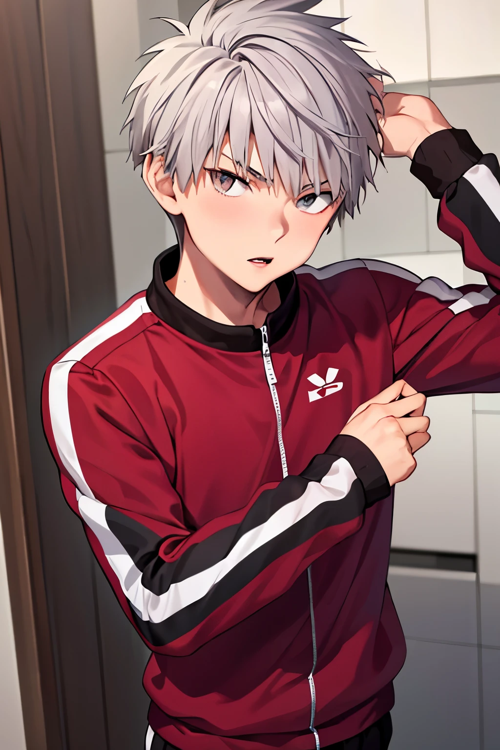 masterpiece, best quality, high quality, 1boy, solo, male focus, looking at viewer,shiki_tademaru, , grey hair, grey eyes, red track suit