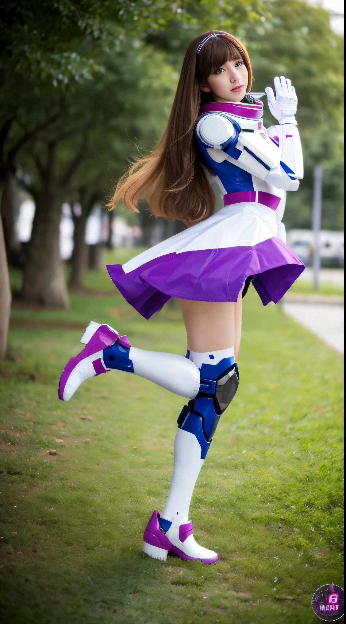 RAW, Masterpiece, Ultra Fine Photo,, Best Quality, Ultra High Resolution, Photorealistic, Sunlight, Full Body Portrait, Stunningly Beautiful,, Dynamic Poses, Delicate Face, Vibrant Eyes, (Side View) a close up of a woman in a pink and white gundam custume, dybamic pose, long brown very very long hair rapunzel, girl in mecha cyber armor, portrait armored astronaut girl, d. va from overwatch, female mecha, on a gundam, gundam head, chiho aoshima color scheme, mobile suit, streamlined purple armor, fully robotic!! girl, realistic cosplay, gundam armor (dynamic pose) (best cameraview), full body
