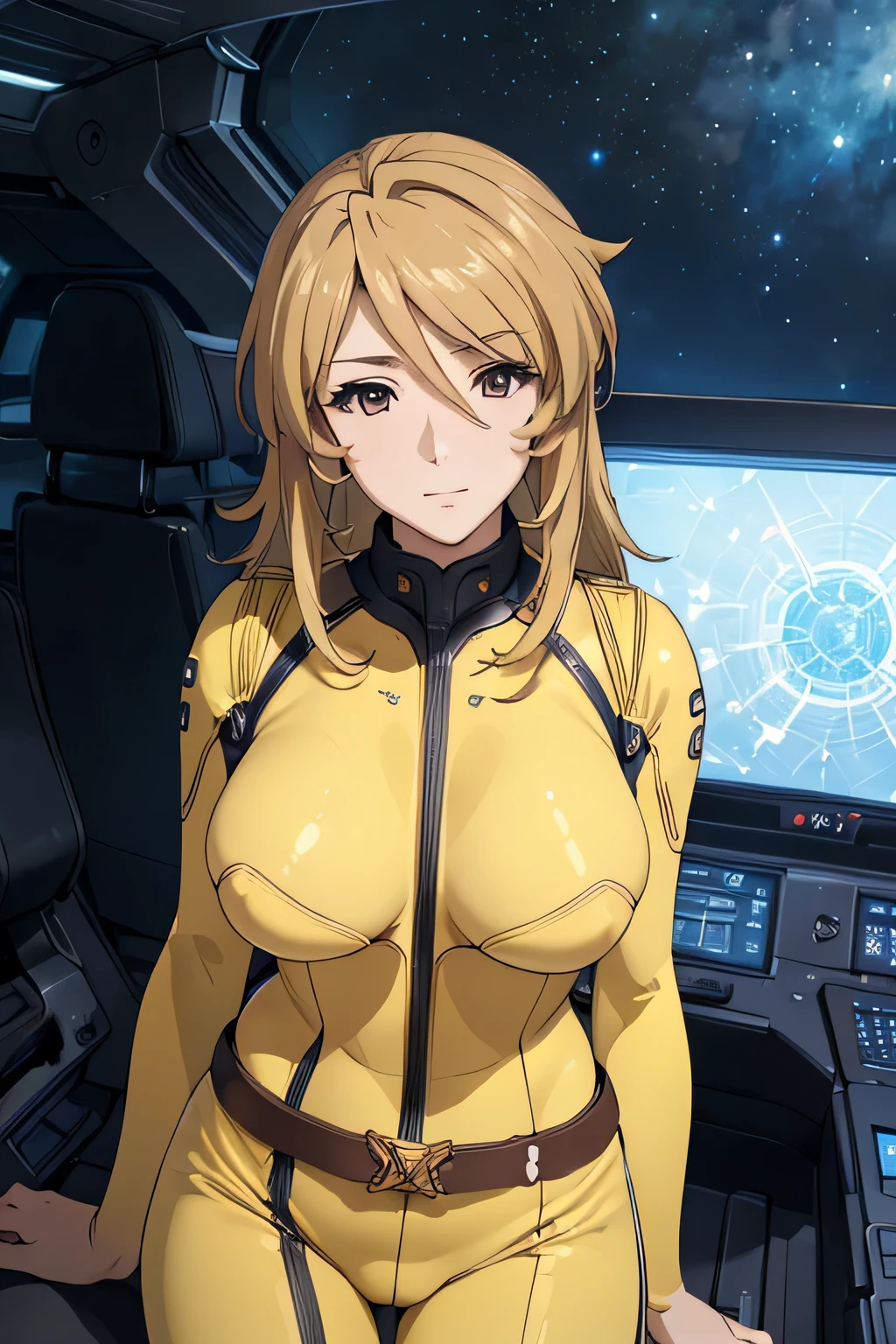 (((best quality))), (((masterpiece))), (((detailed))),
MoriYuki, (perfect face), (((detailed face))),
solo, closed mouth, light smile,
blonde hair, long hair, brown eyes, (((best quality eyes)))
MoriBodysuit, (yellow bodysuit), belt,
standing, looking at the viewer, from back,
science fiction, cockpit, starry sky, (big breasts), thighs, NSFW