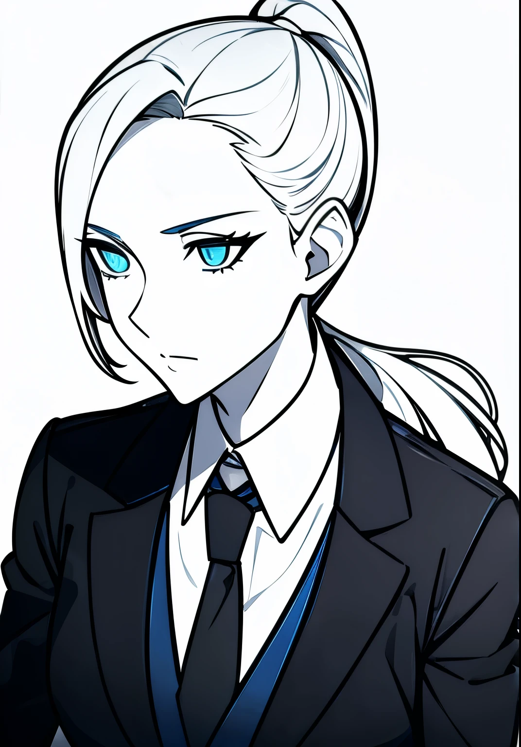 One Young Adult female, white and tender skin, pale blonde slicked back into a short ponytail, steel blue eyes, light and carefree expression, wearing black suit jacket and tie, portrait style, facing forwards